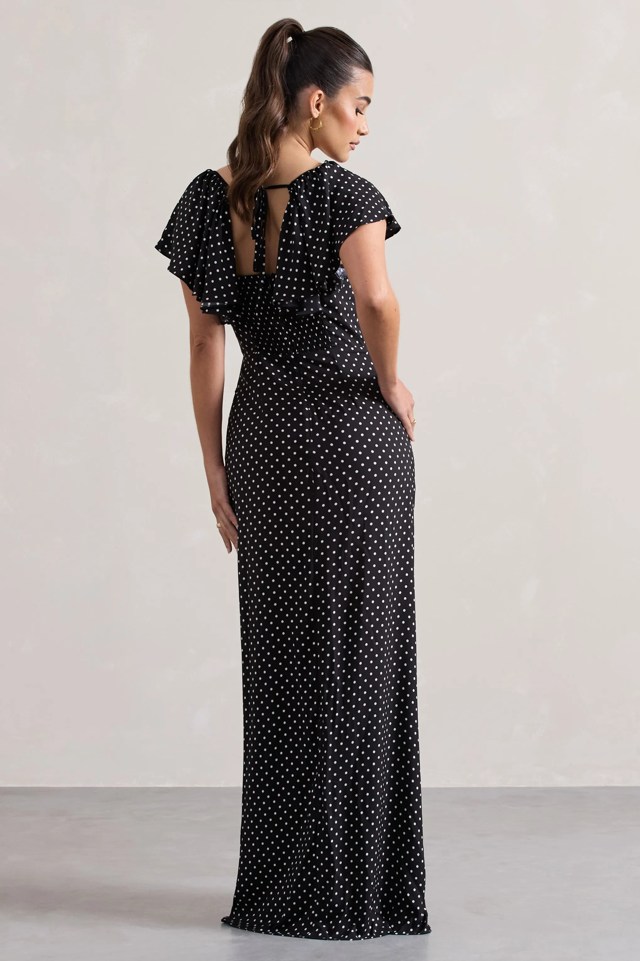 Signorina | Black Polka Dot Buttoned Maxi Dress With Flounced Short Sleeves sold by Club L London product image thumbnail 2