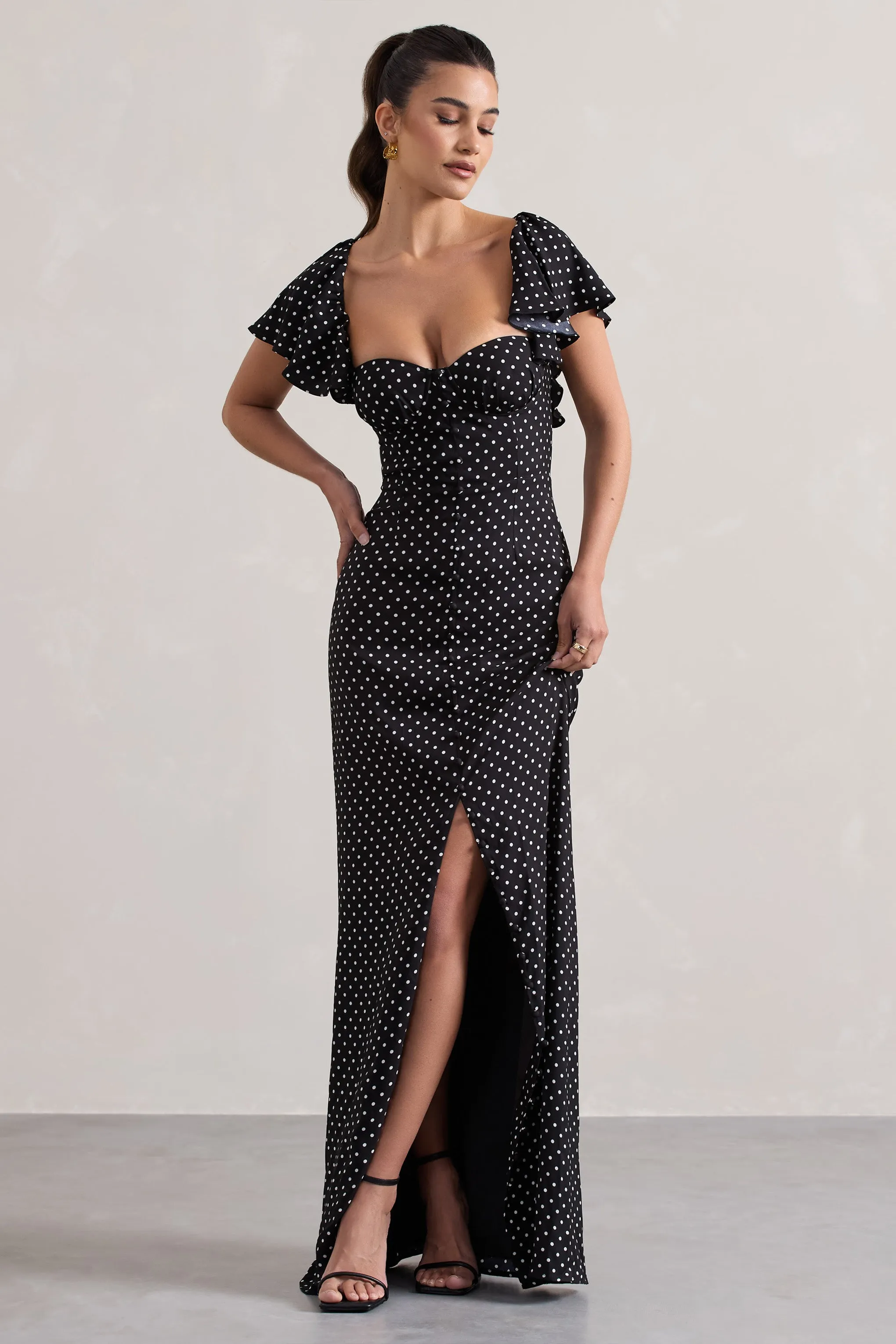 Signorina | Black Polka Dot Buttoned Maxi Dress With Flounced Short Sleeves sold by Club L London