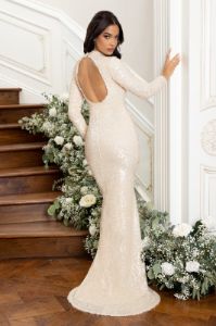 Diamond | Ivory Sequin High Neck Open Back Detail Fishtail Maxi Dress sold by Club L London