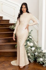 Diamond | Ivory Sequin High Neck Open Back Detail Fishtail Maxi Dress sold by Club L London