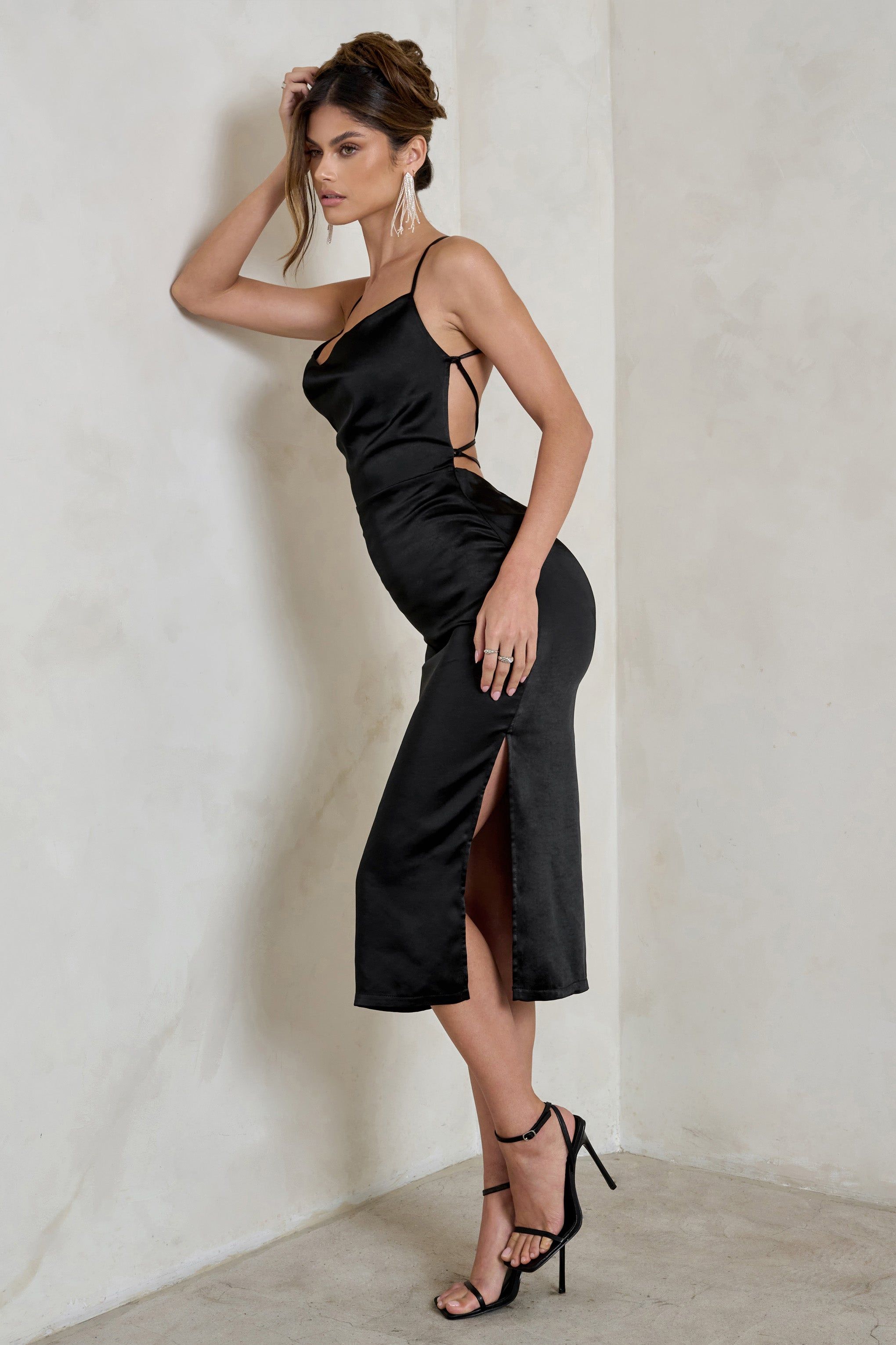 Aja | Black Cowl Cami Midi Dress With Waist Tie sold by Club L London product image thumbnail 5