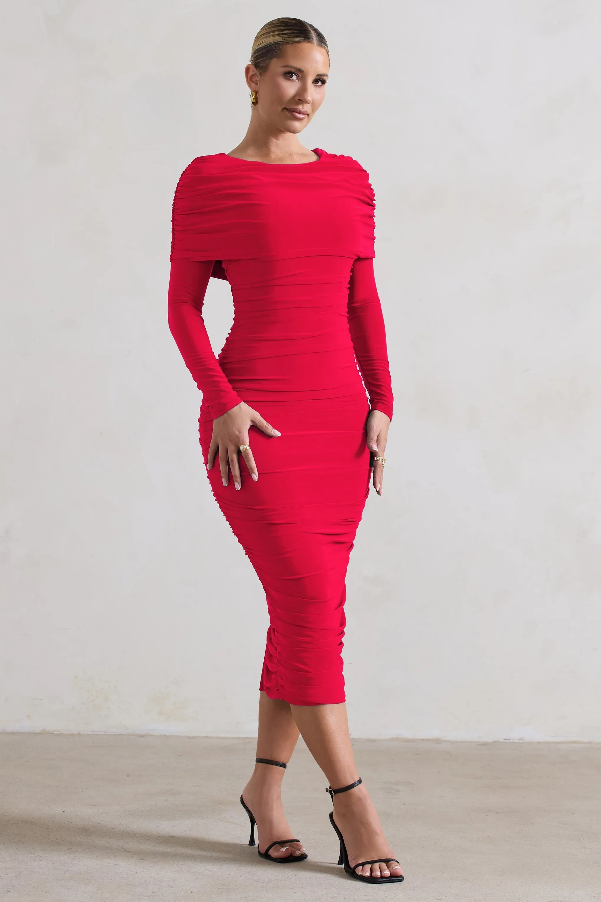 Lea | Red Long Sleeve Ruched Midi Dress with Draped Bardot Overlay sold by Club L London product image thumbnail 5