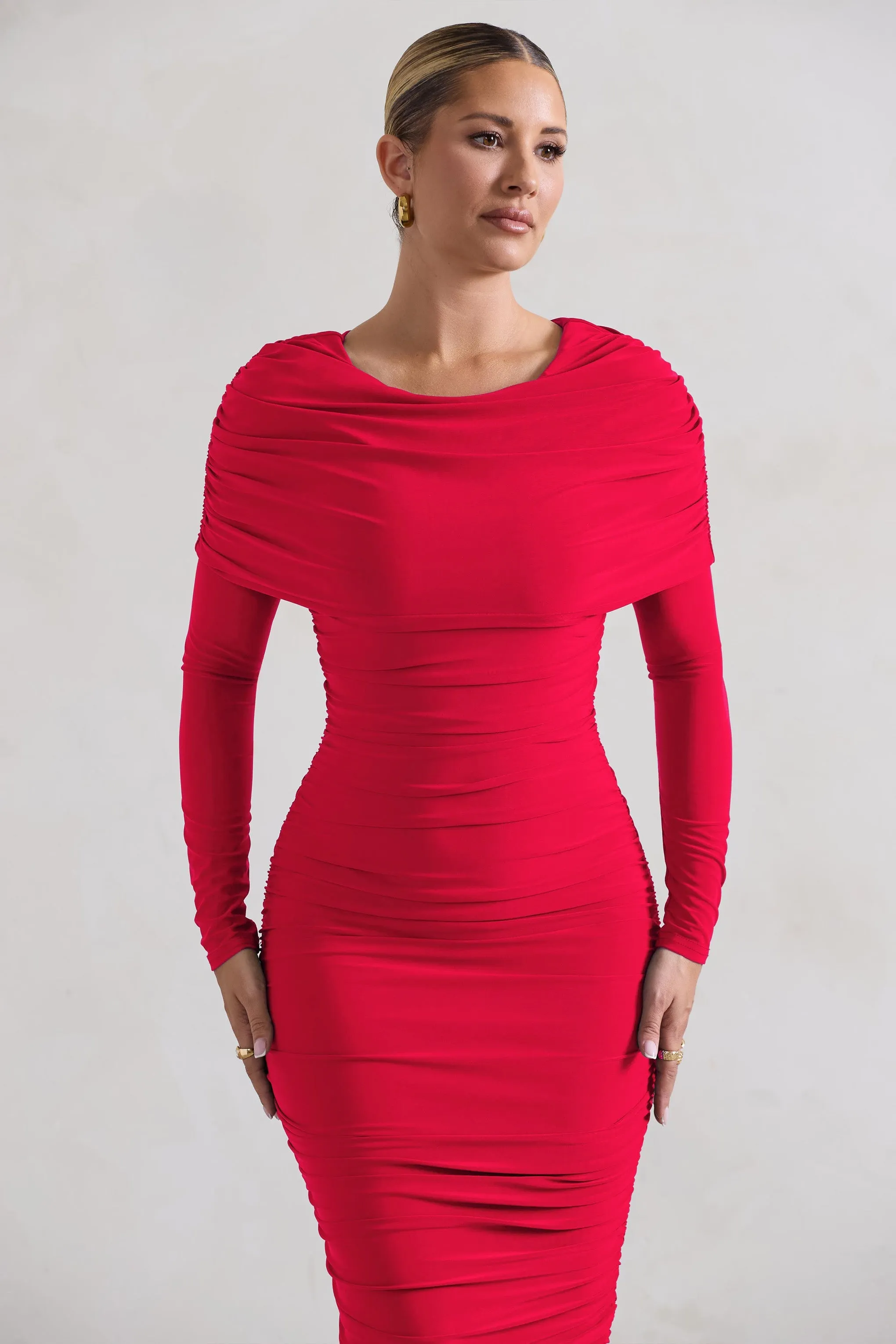 Lea | Red Long Sleeve Ruched Midi Dress with Draped Bardot Overlay sold by Club L London product image thumbnail 3