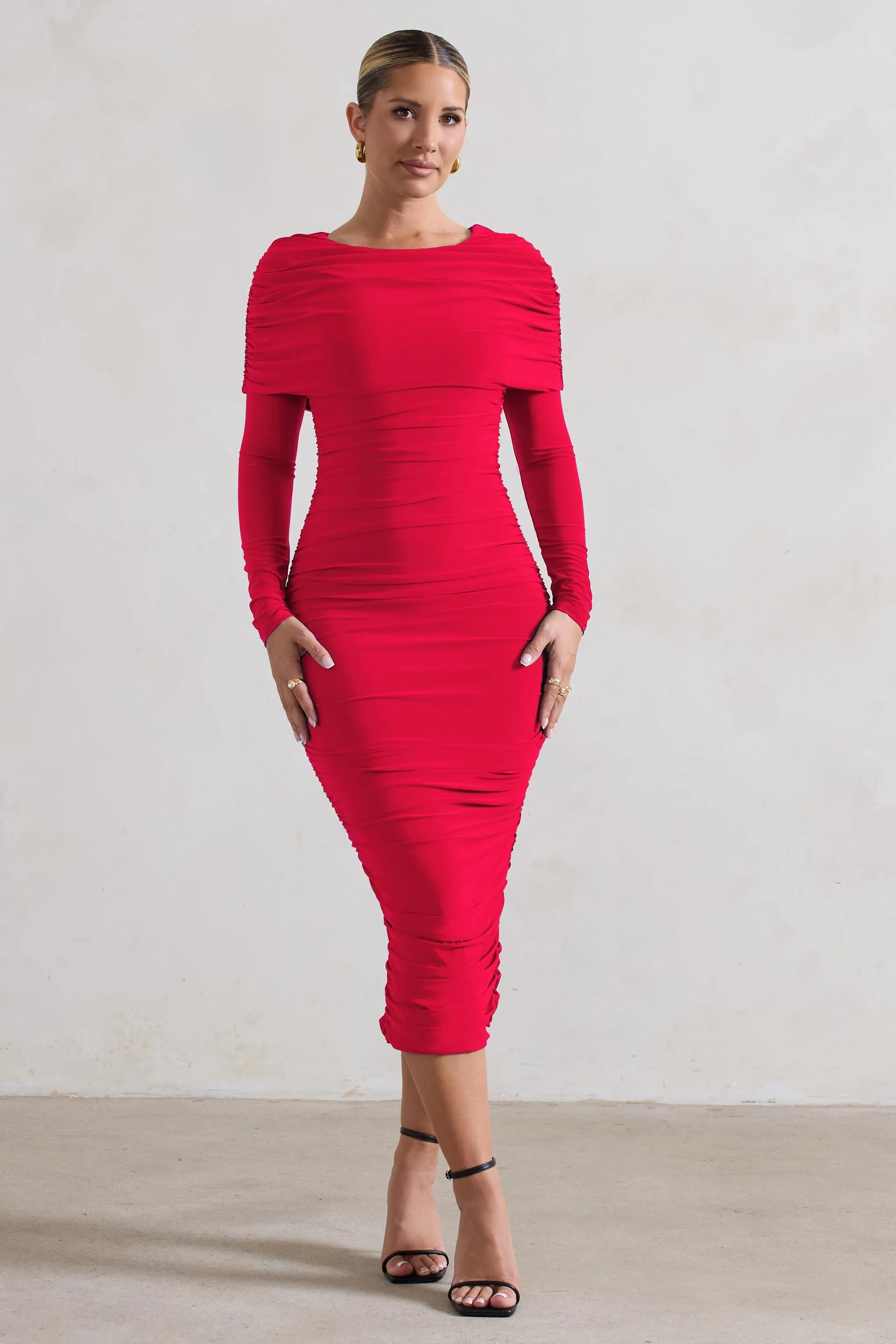 Lea | Red Long Sleeve Ruched Midi Dress with Draped Bardot Overlay sold by Club L London