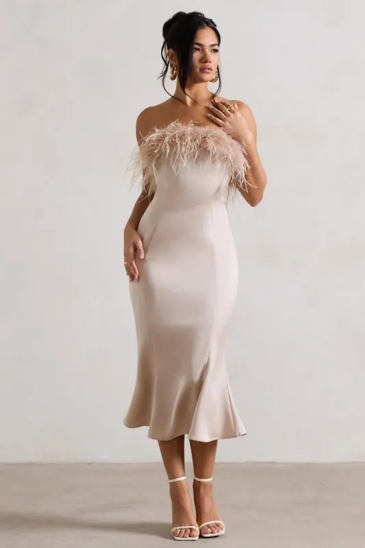 One And Only | Champagne Satin Feather Trim Bandeau Midi Dress sold by Club L London