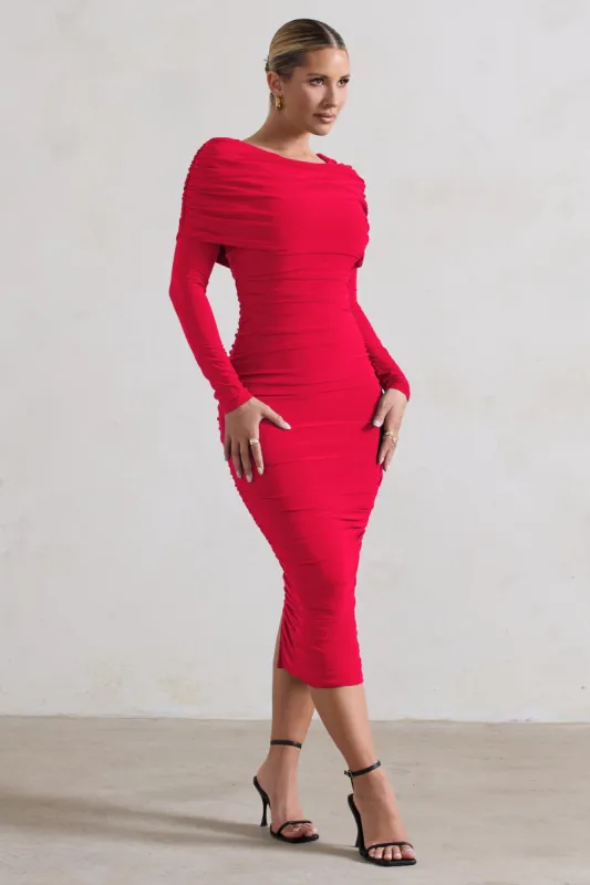 red bardot frill sleeve draped midi dress This glow it the love for my Blackness radiating from within.   @prettylittlething . Dress: Red Bardot Frill Sleeve Draped Midi Dress size  medium code: SKU cms4608