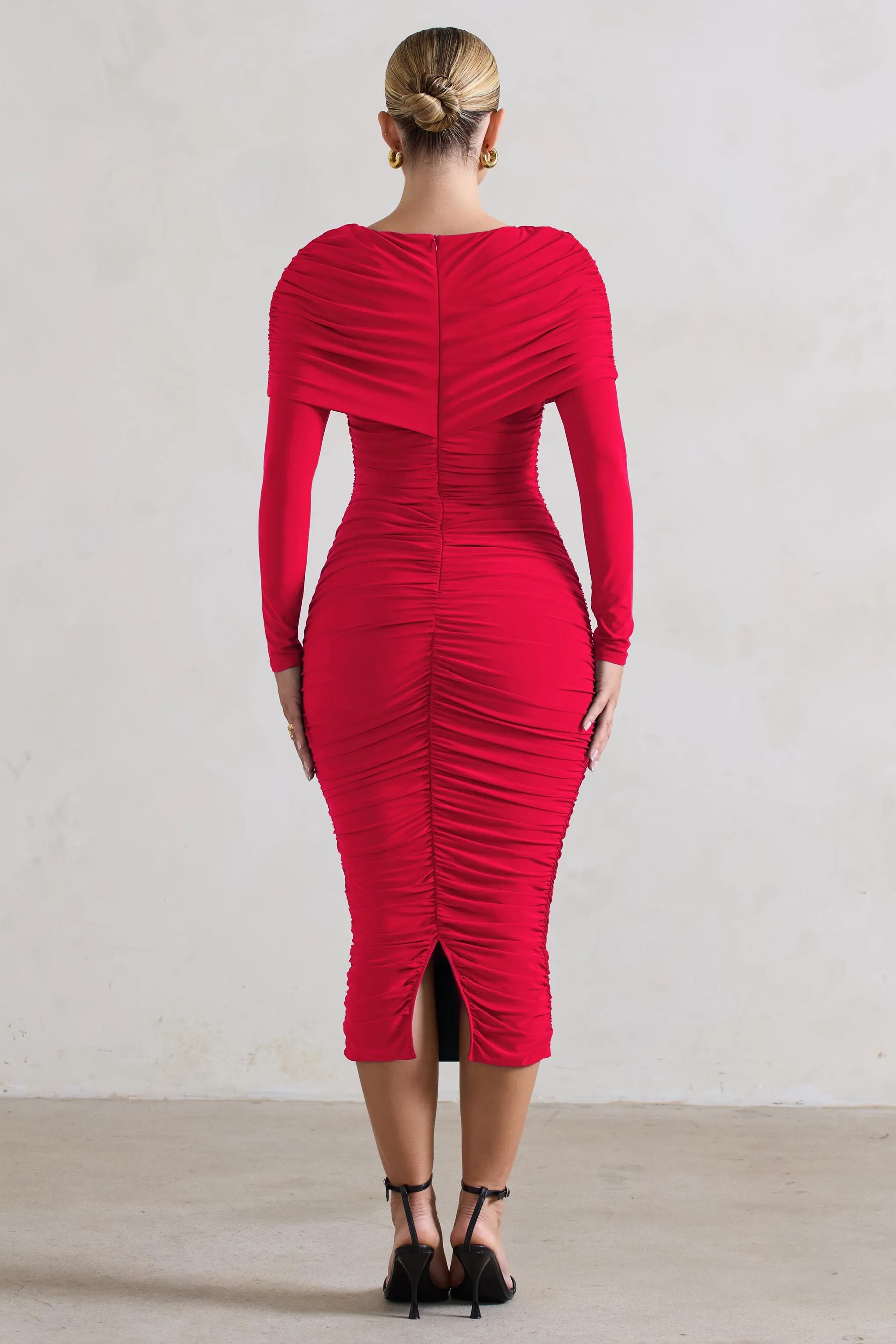 Lea | Red Long Sleeve Ruched Midi Dress with Draped Bardot Overlay sold by Club L London product image thumbnail 2