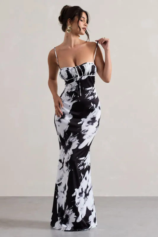 Casablanca | Monochrome Floral Print Satin Sweetheart Maxi Dress sold by Club L London