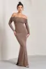 Madeleine | Mocha Fishtail Maxi Dress With Bardot Mesh Long Sleeves sold by Club L London