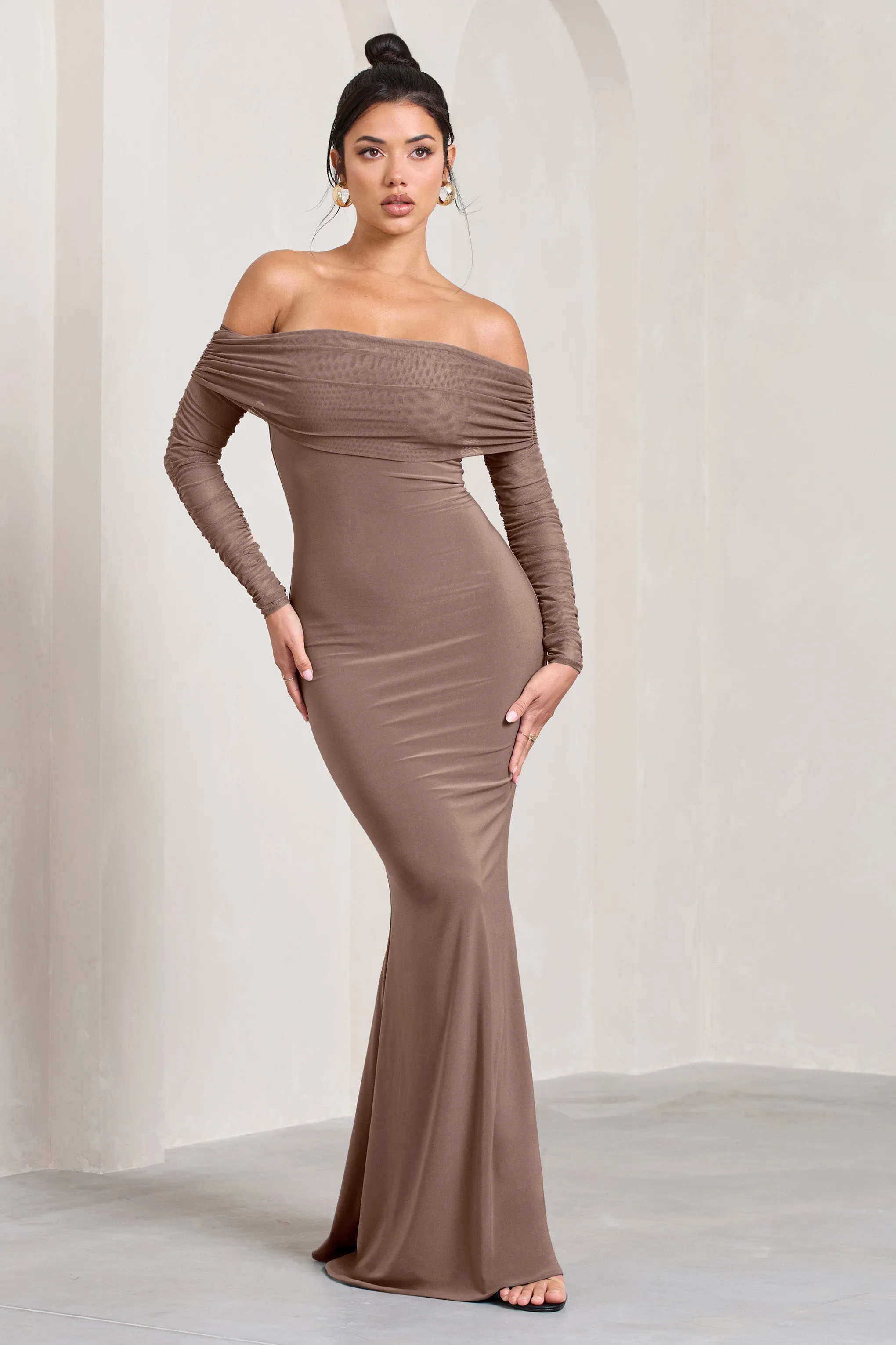 Madeleine | Mocha Fishtail Maxi Dress With Bardot Mesh Long Sleeves sold by Club L London product image thumbnail 5