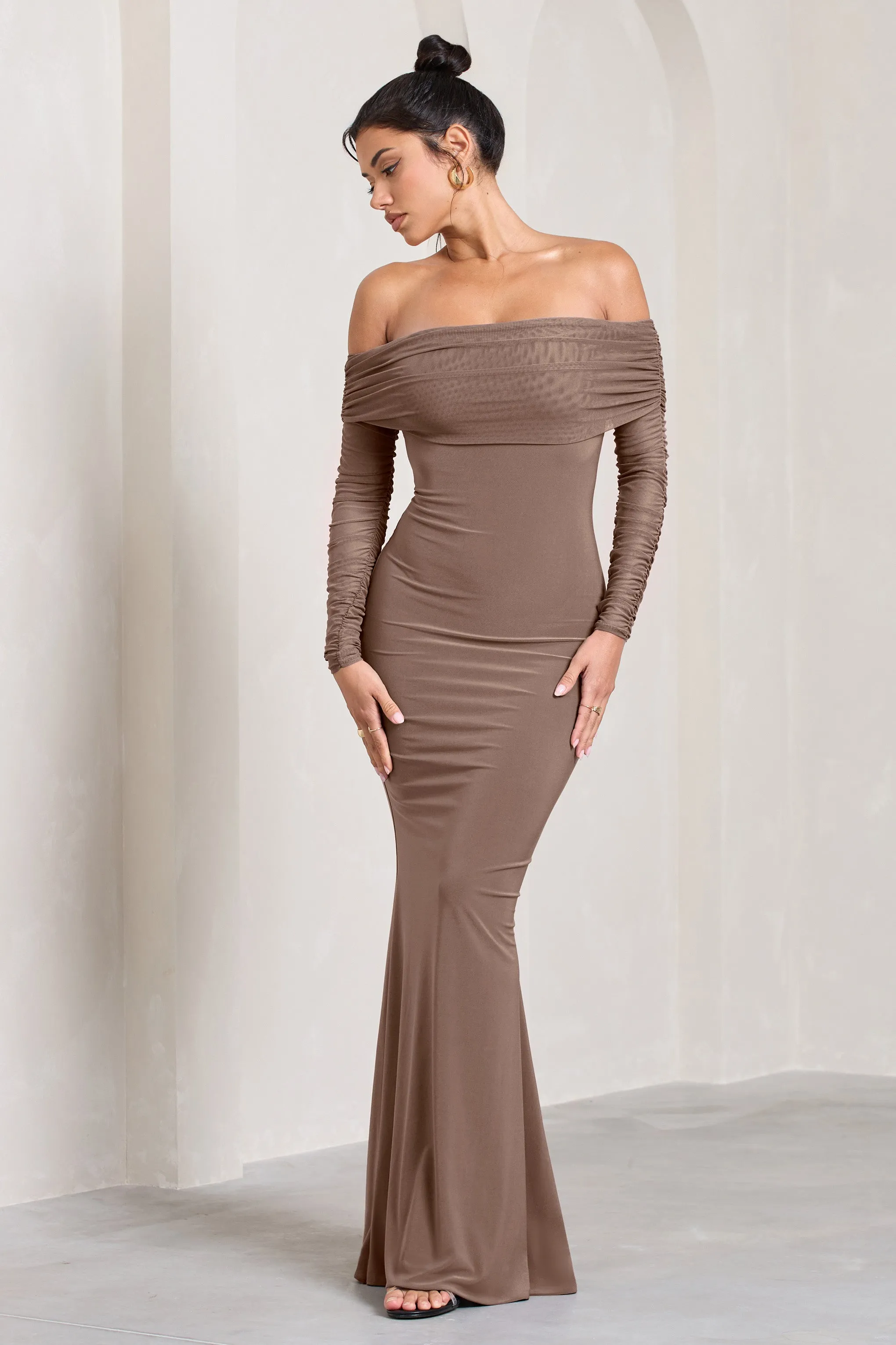 Madeleine | Mocha Fishtail Maxi Dress With Bardot Mesh Long Sleeves sold by Club L London