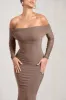 Madeleine | Mocha Fishtail Maxi Dress With Bardot Mesh Long Sleeves sold by Club L London