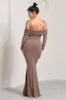 Madeleine | Mocha Fishtail Maxi Dress With Bardot Mesh Long Sleeves sold by Club L London