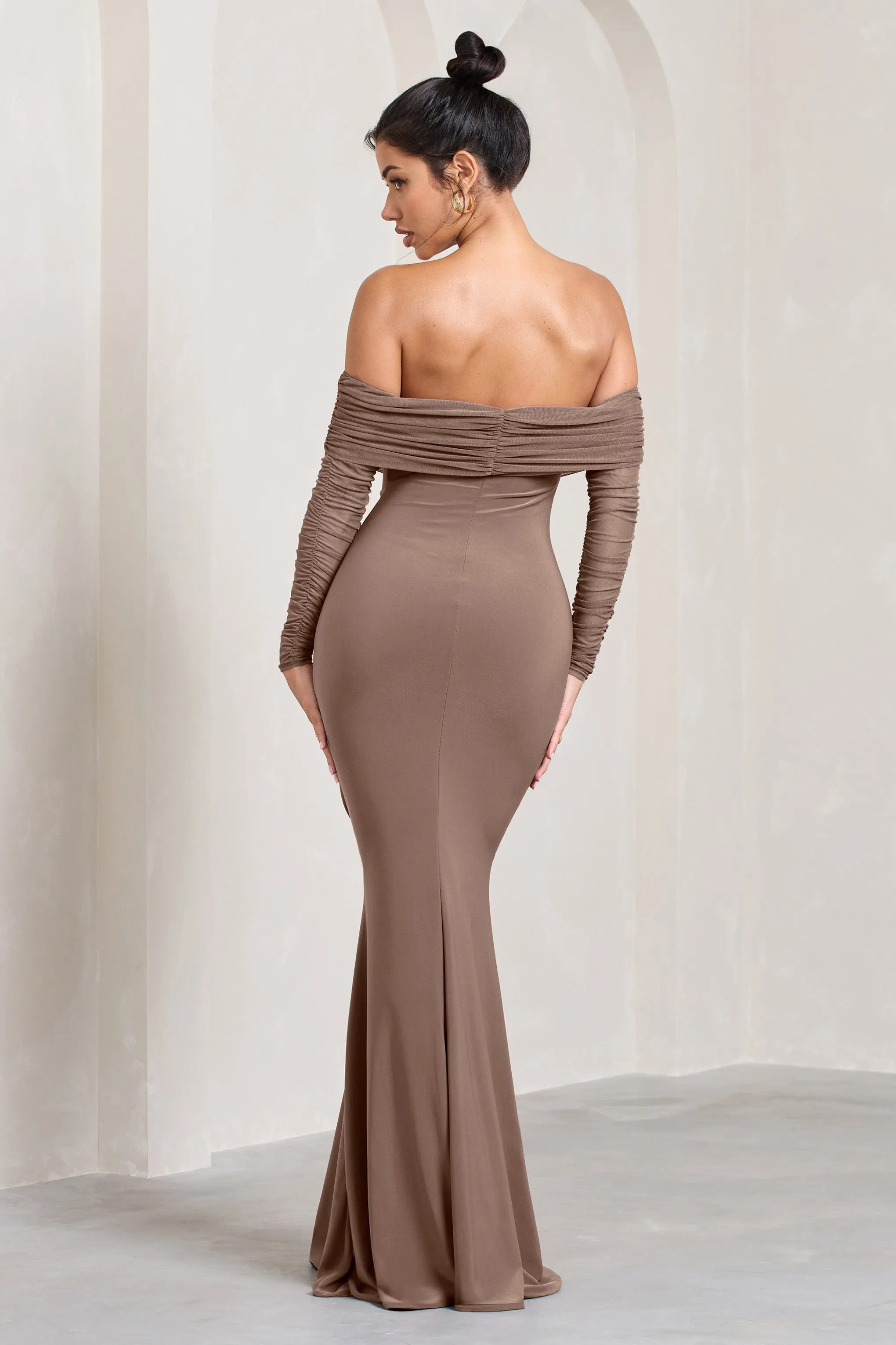 Madeleine | Mocha Fishtail Maxi Dress With Bardot Mesh Long Sleeves sold by Club L London product image thumbnail 2