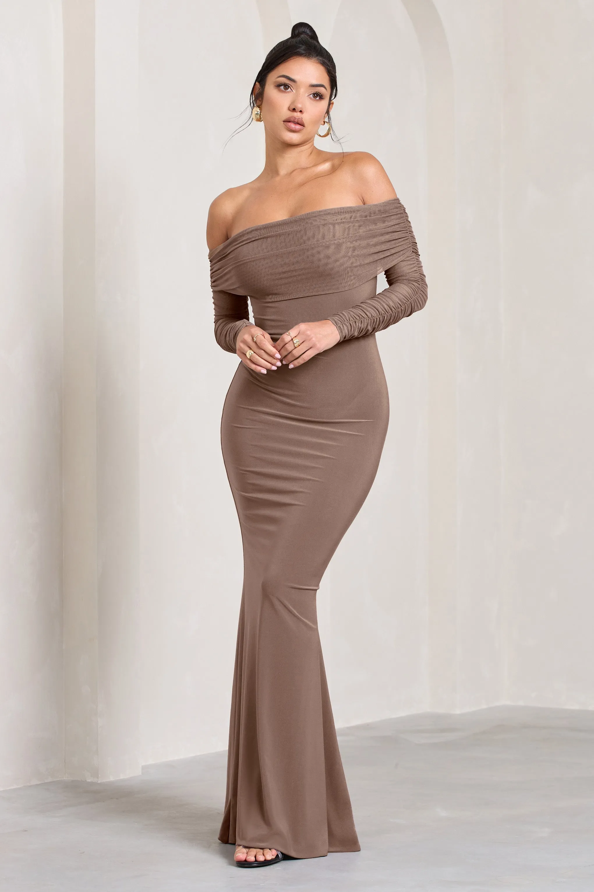 Madeleine | Mocha Fishtail Maxi Dress With Bardot Mesh Long Sleeves sold by Club L London product image thumbnail 4
