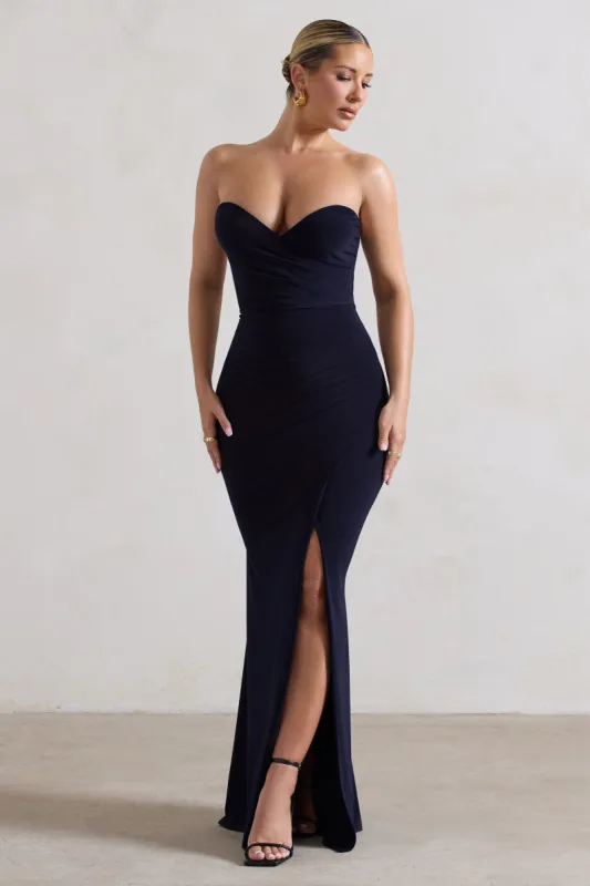 Saphira | Navy Gathered Corset Style Split Maxi Dress sold by Club L London