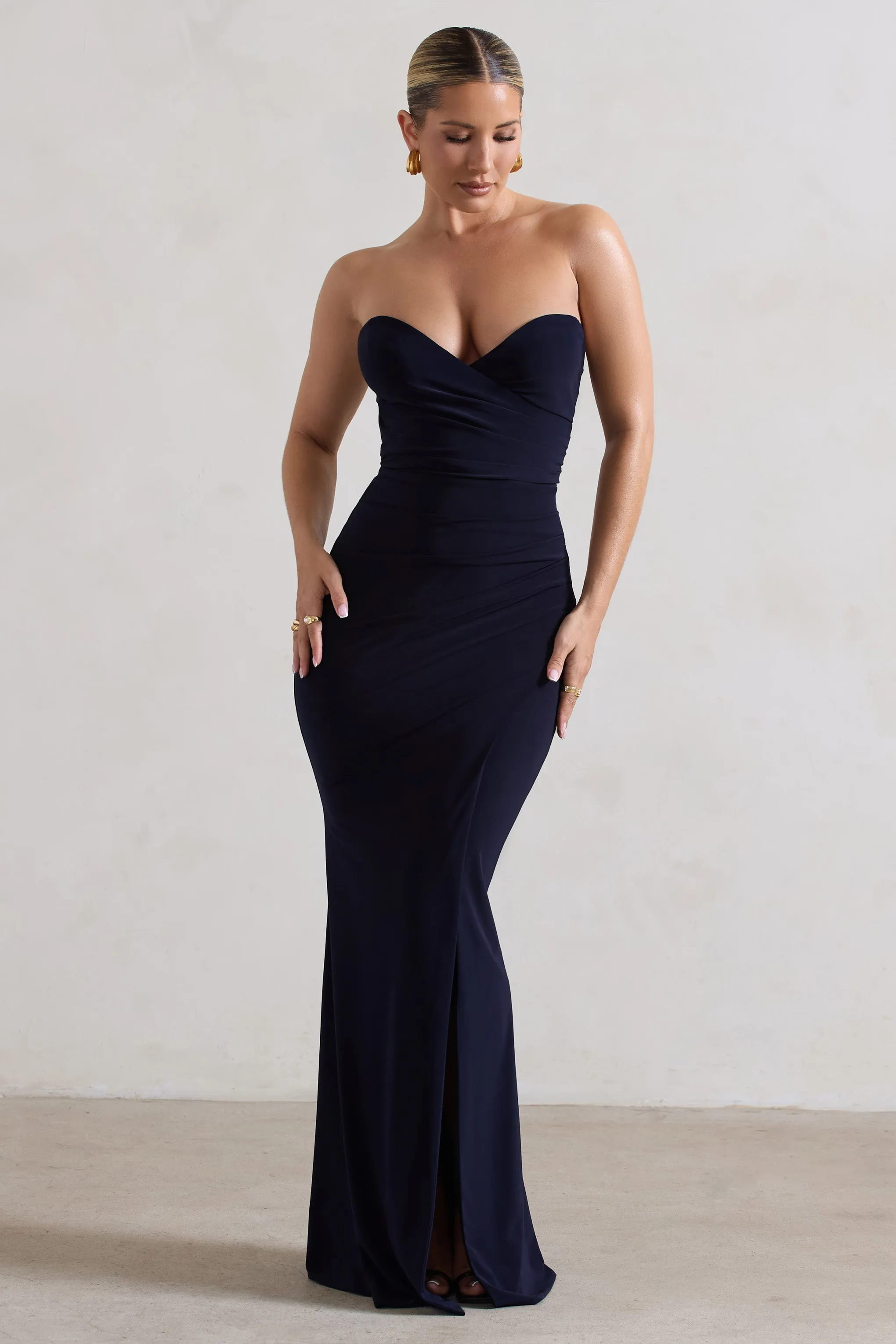 Saphira | Navy Gathered Corset Style Split Maxi Dress sold by Club L London product image thumbnail 5