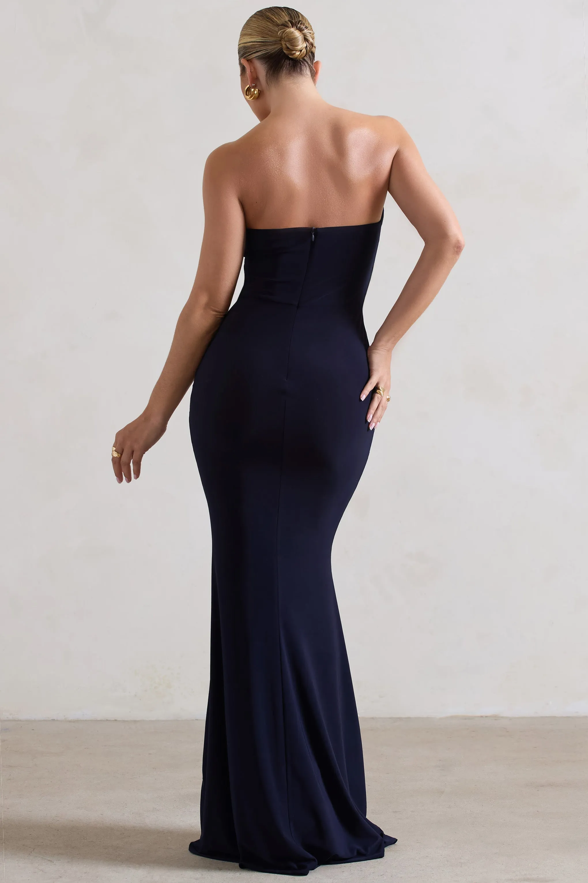Saphira | Navy Gathered Corset Style Split Maxi Dress sold by Club L London product image thumbnail 2