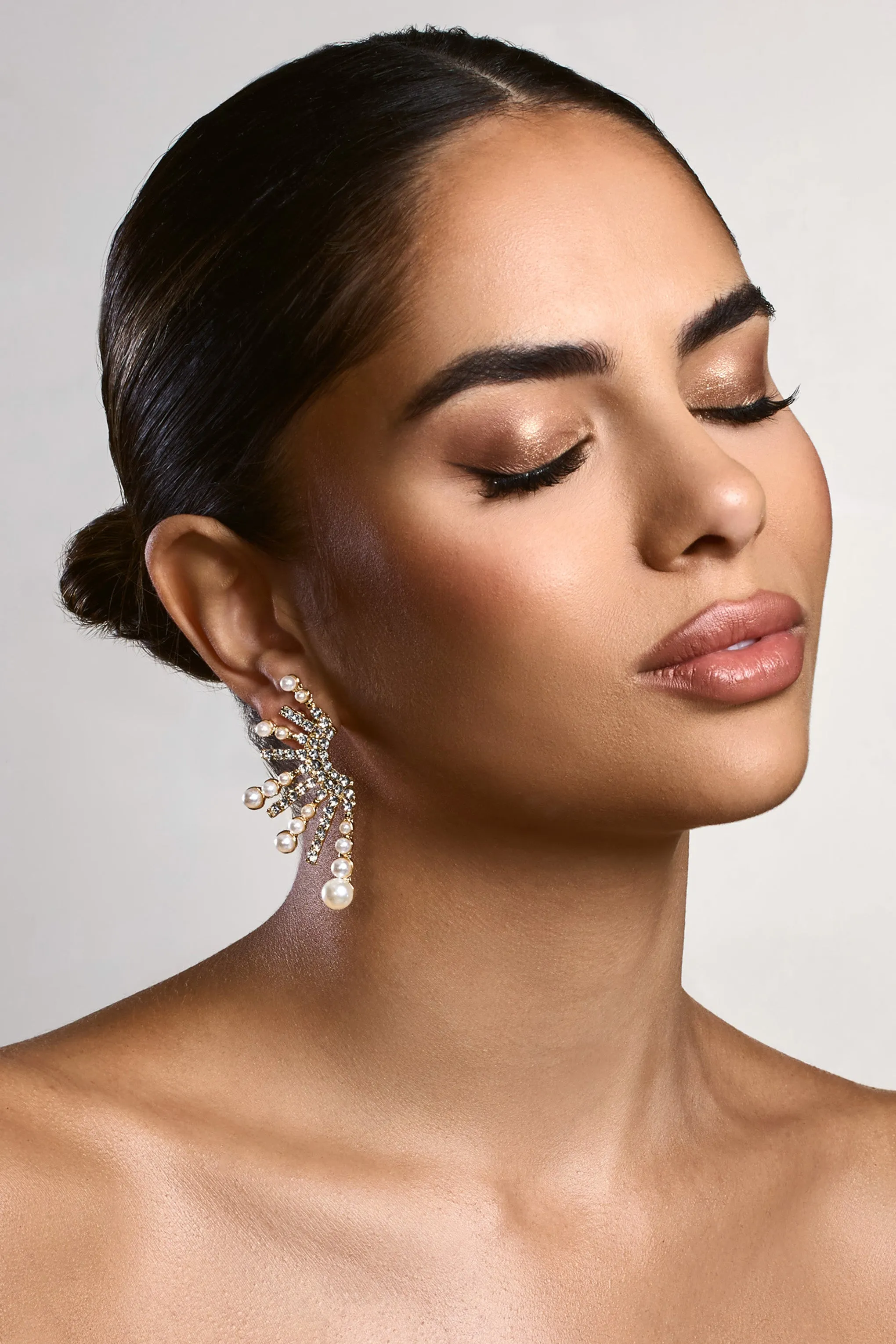 Bejewelled | Gold Diamante Pearl Statement Earrings sold by Club L London product image thumbnail 4