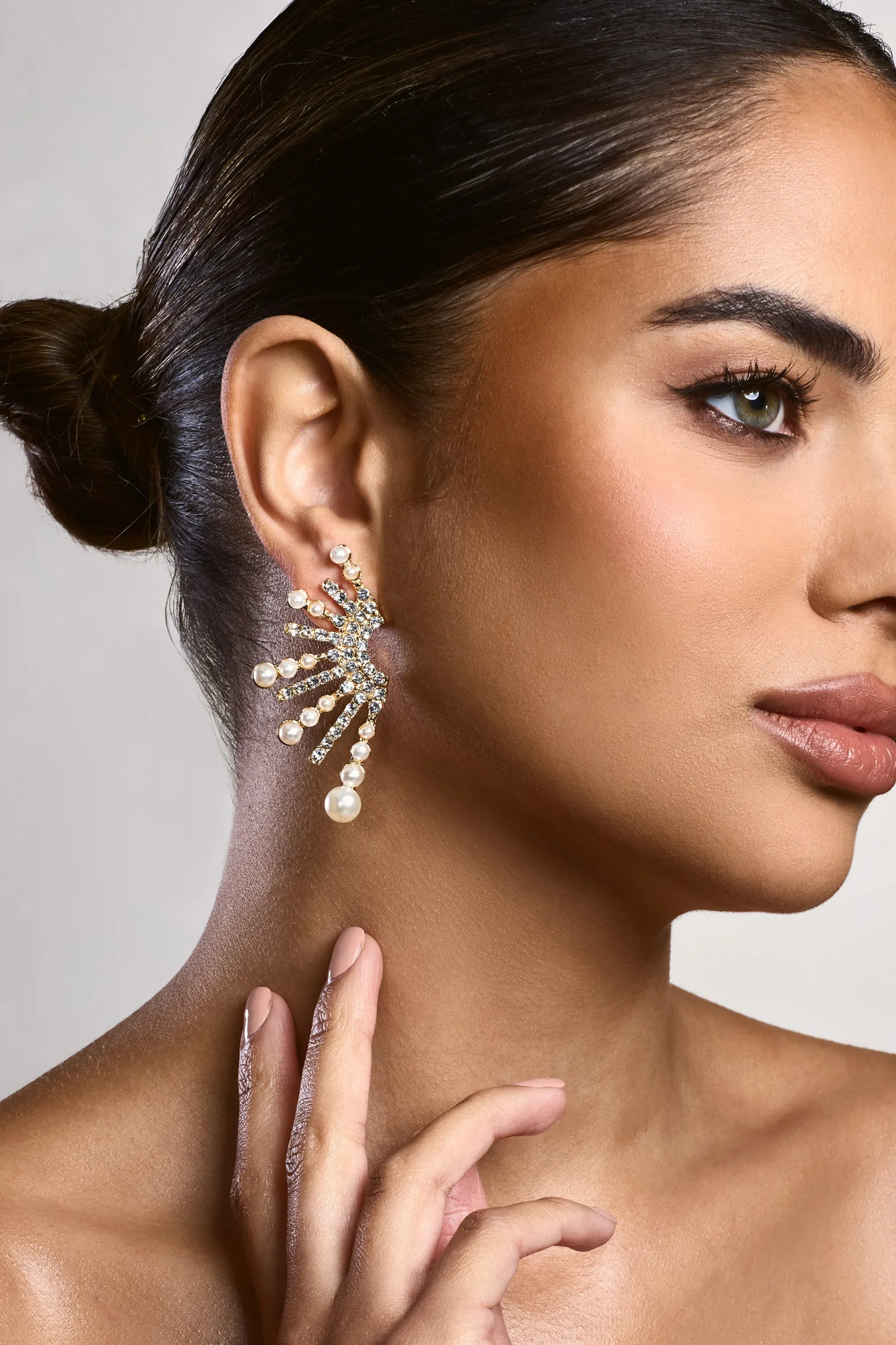 Bejewelled | Gold Diamante Pearl Statement Earrings sold by Club L London product image thumbnail 5