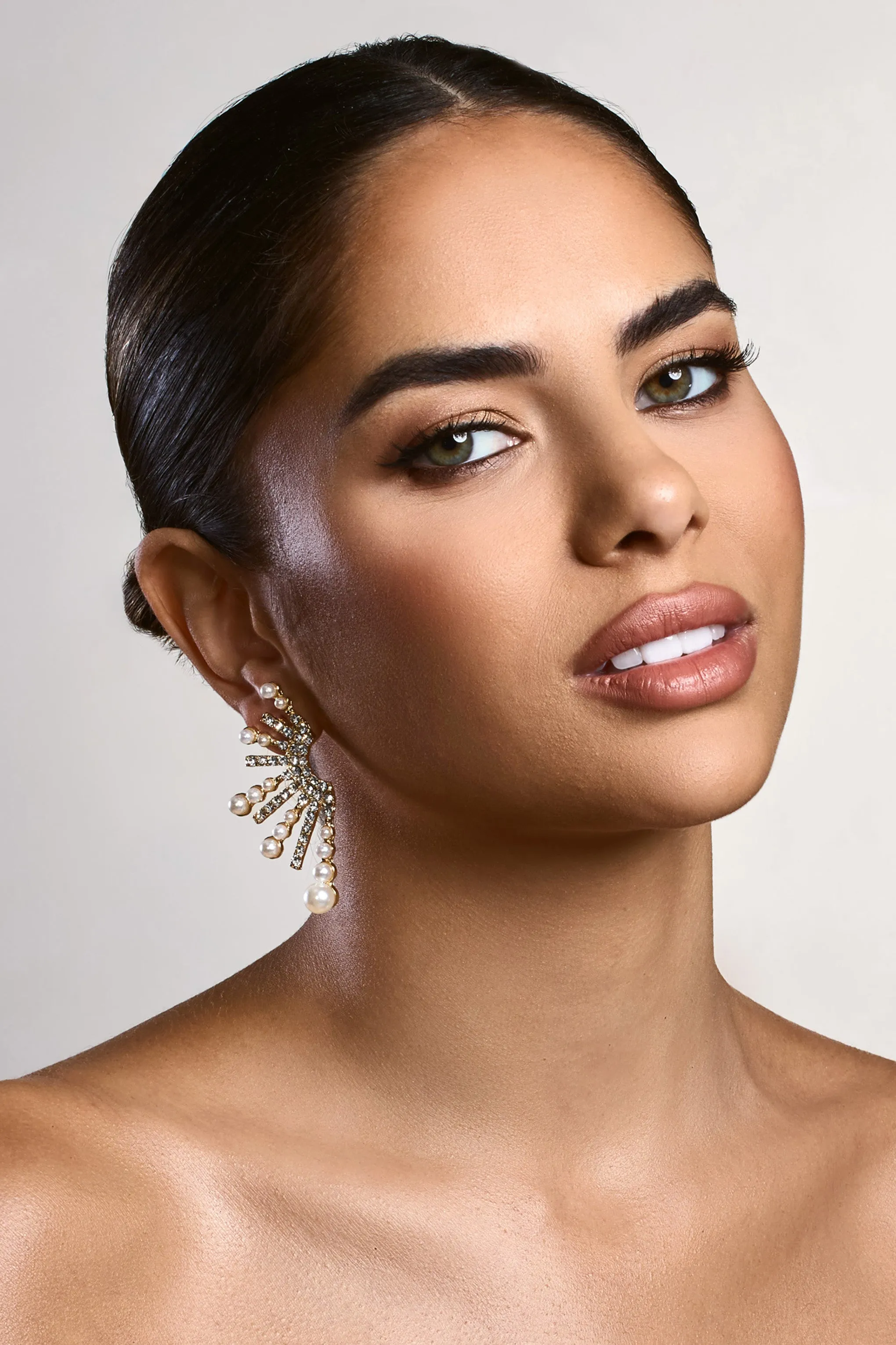 Bejewelled | Gold Diamante Pearl Statement Earrings sold by Club L London product image thumbnail 2