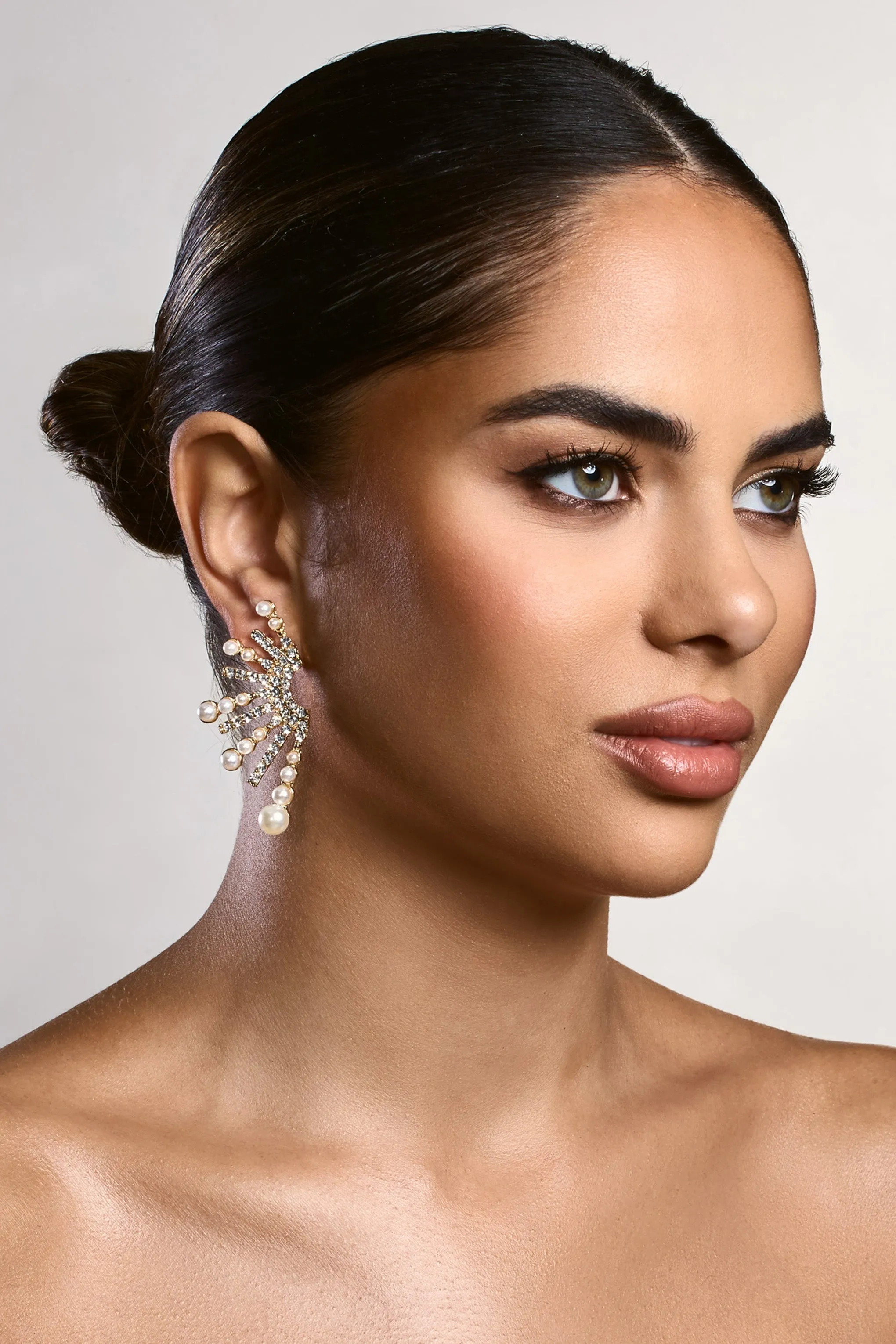 Bejewelled | Gold Diamante Pearl Statement Earrings sold by Club L London