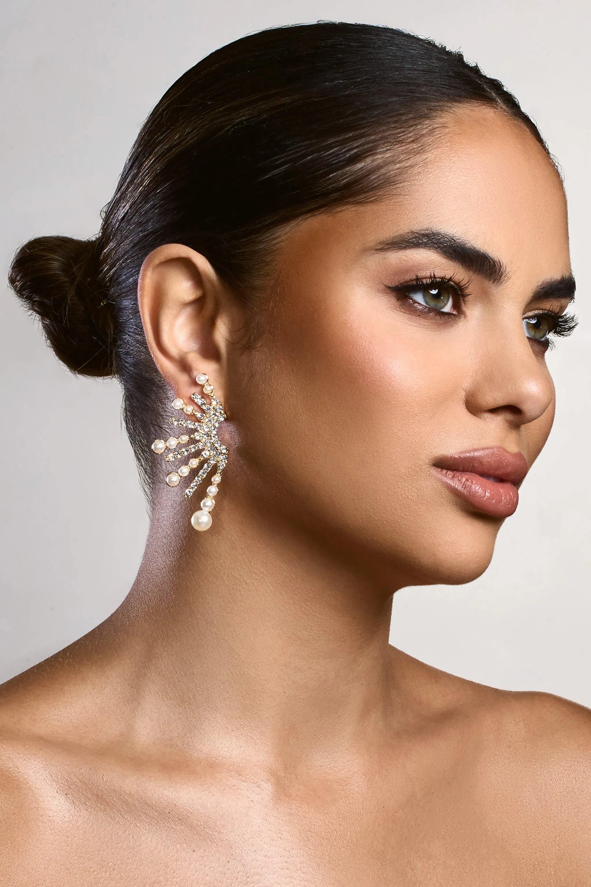 Bejewelled | Gold Diamante Pearl Statement Earrings sold by Club L London product image thumbnail 3
