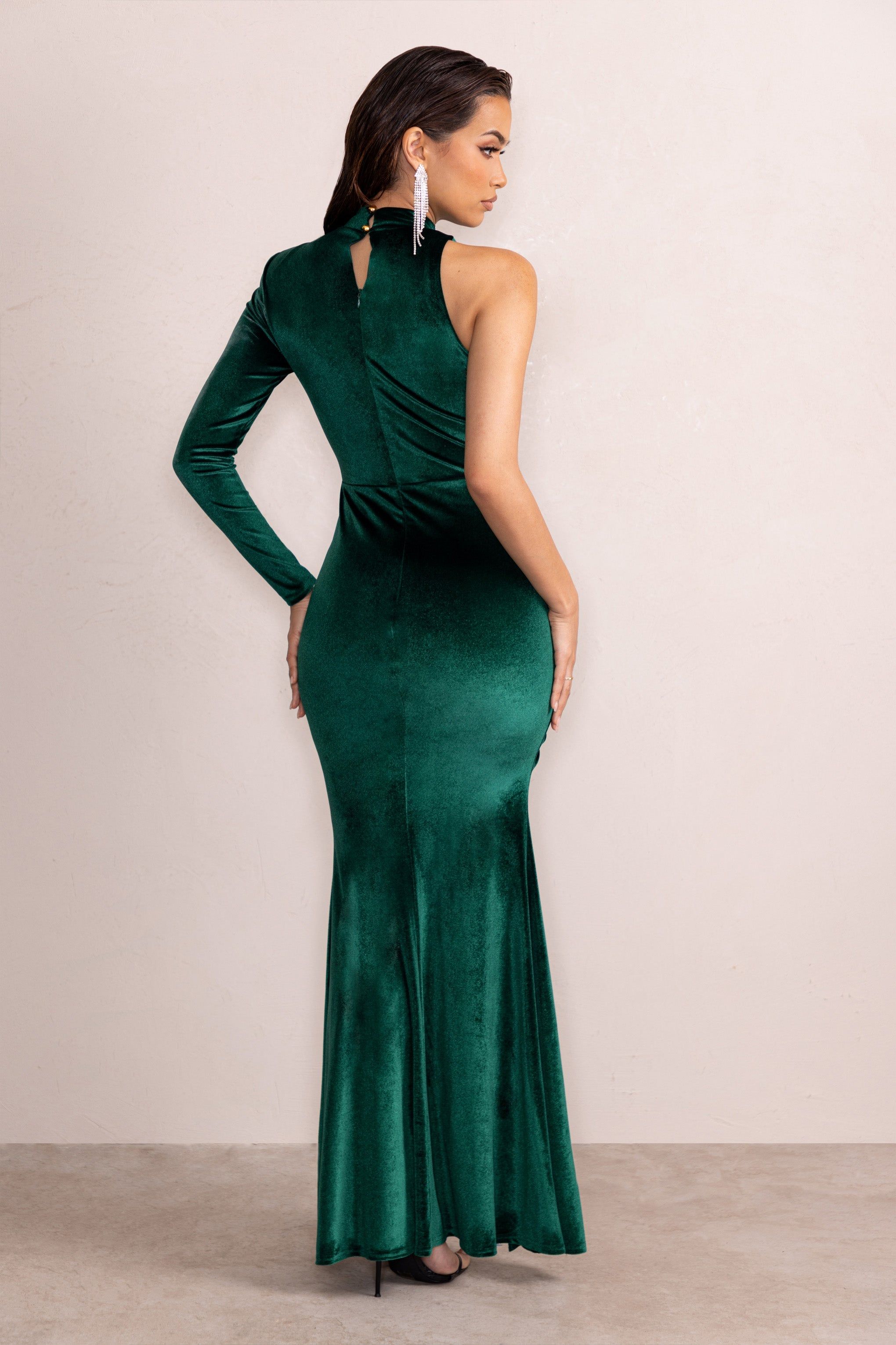 Juliana | Bottle Green Velvet High Neck One Shoulder Maxi Dress sold by Club L London product image thumbnail 2