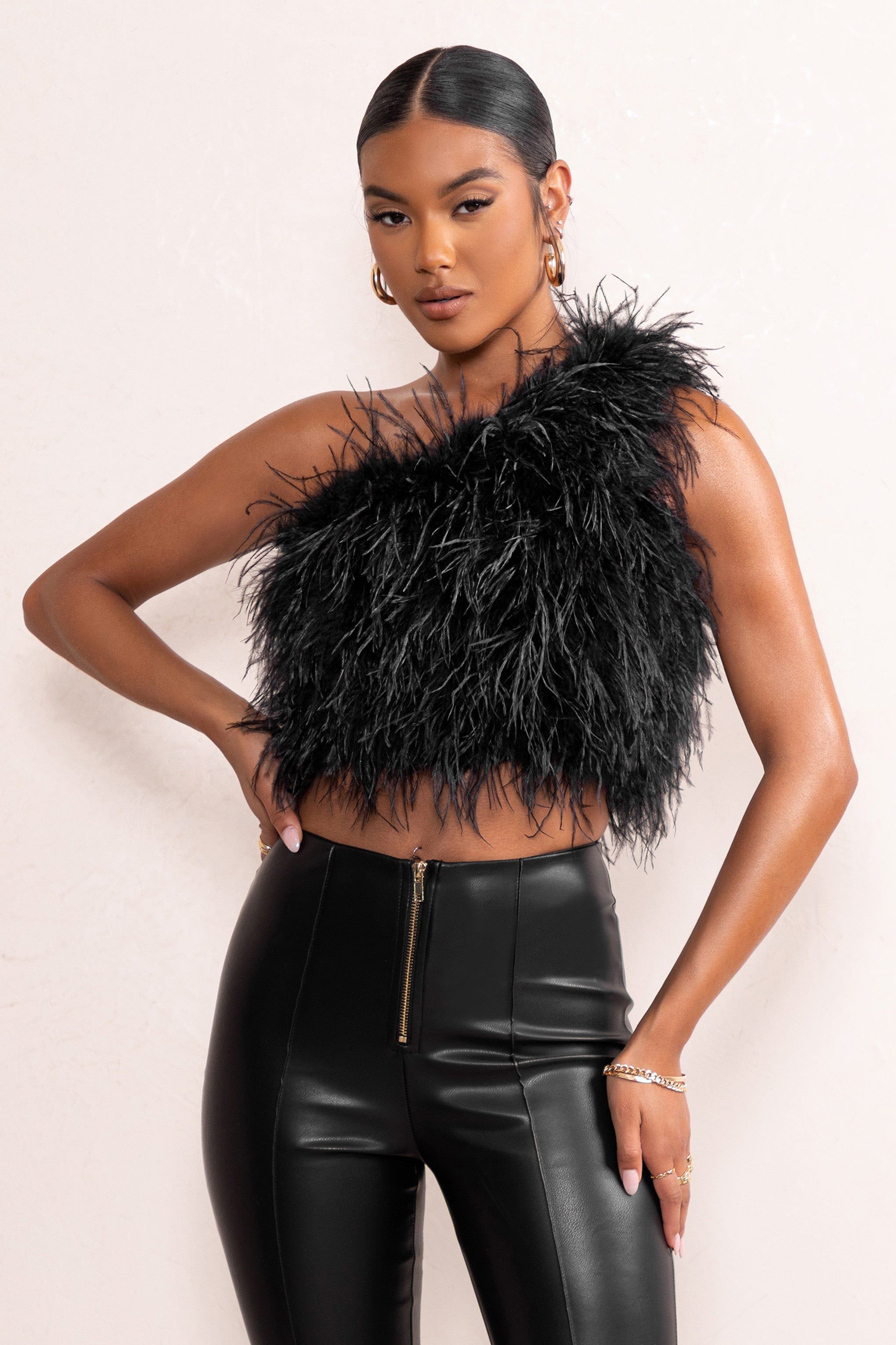 Ivey | Black One Shoulder Feather Crop Top sold by Club L London product image thumbnail 4