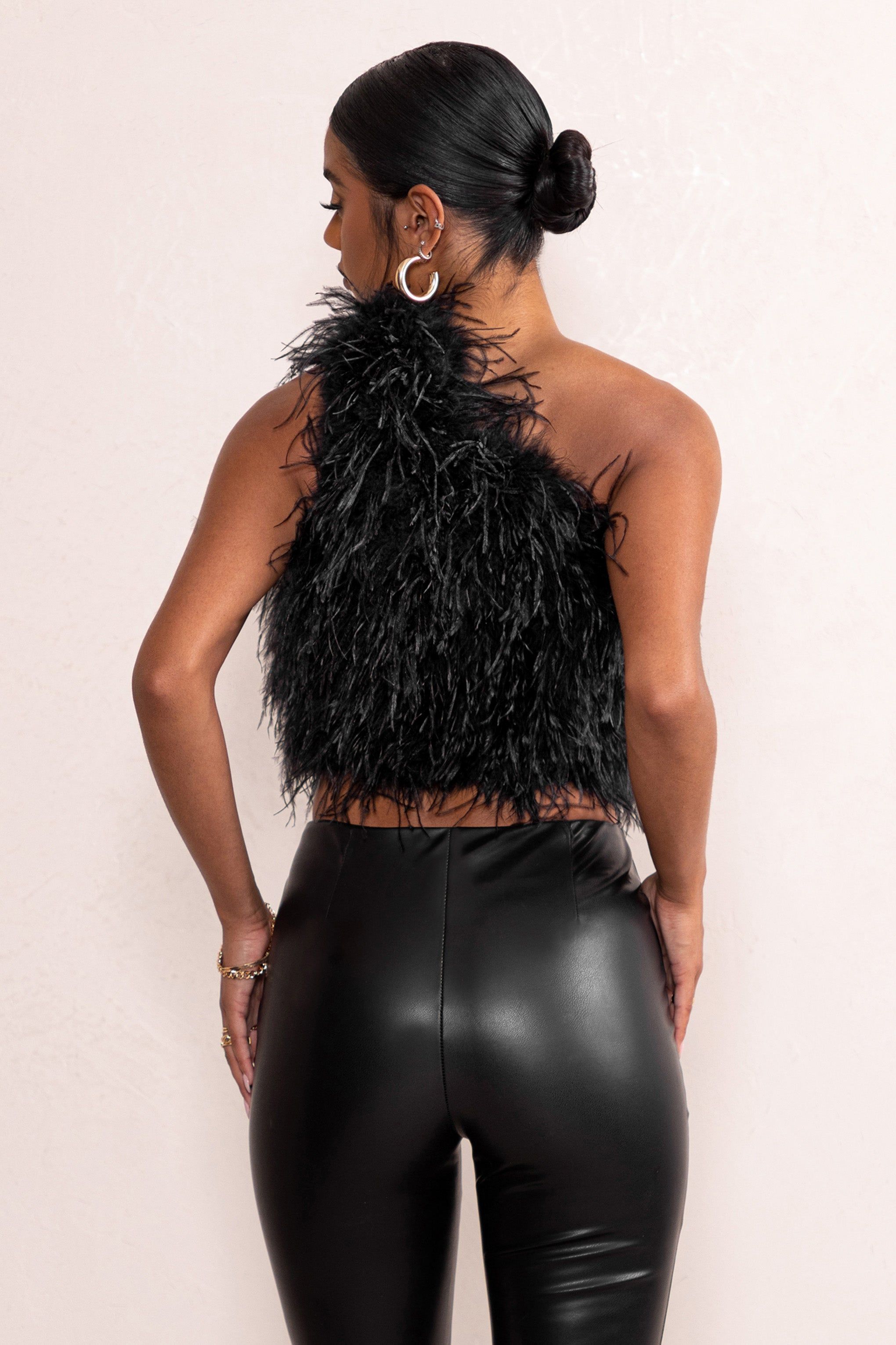 Ivey | Black One Shoulder Feather Crop Top sold by Club L London product image thumbnail 2