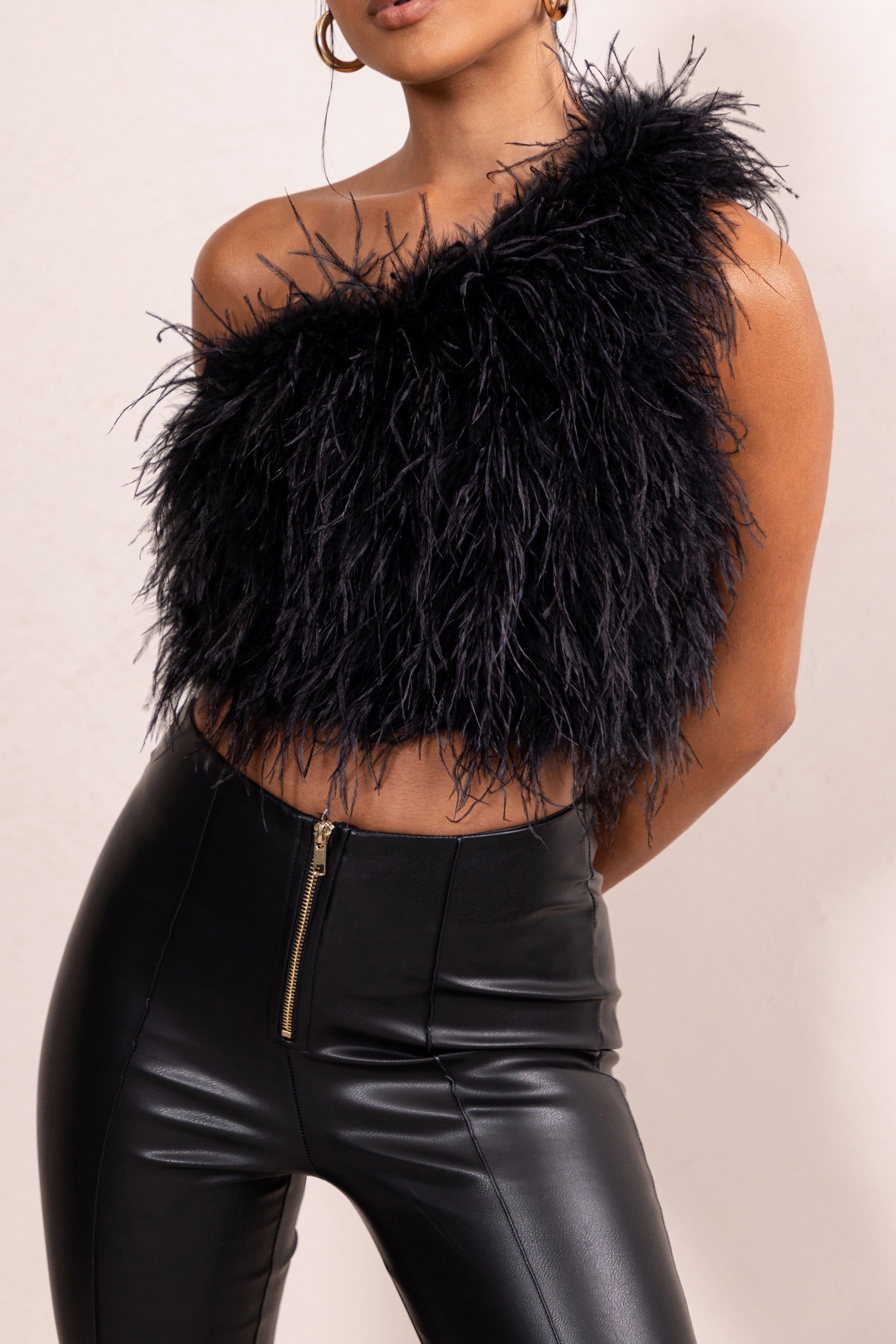 Ivey | Black One Shoulder Feather Crop Top sold by Club L London product image thumbnail 3