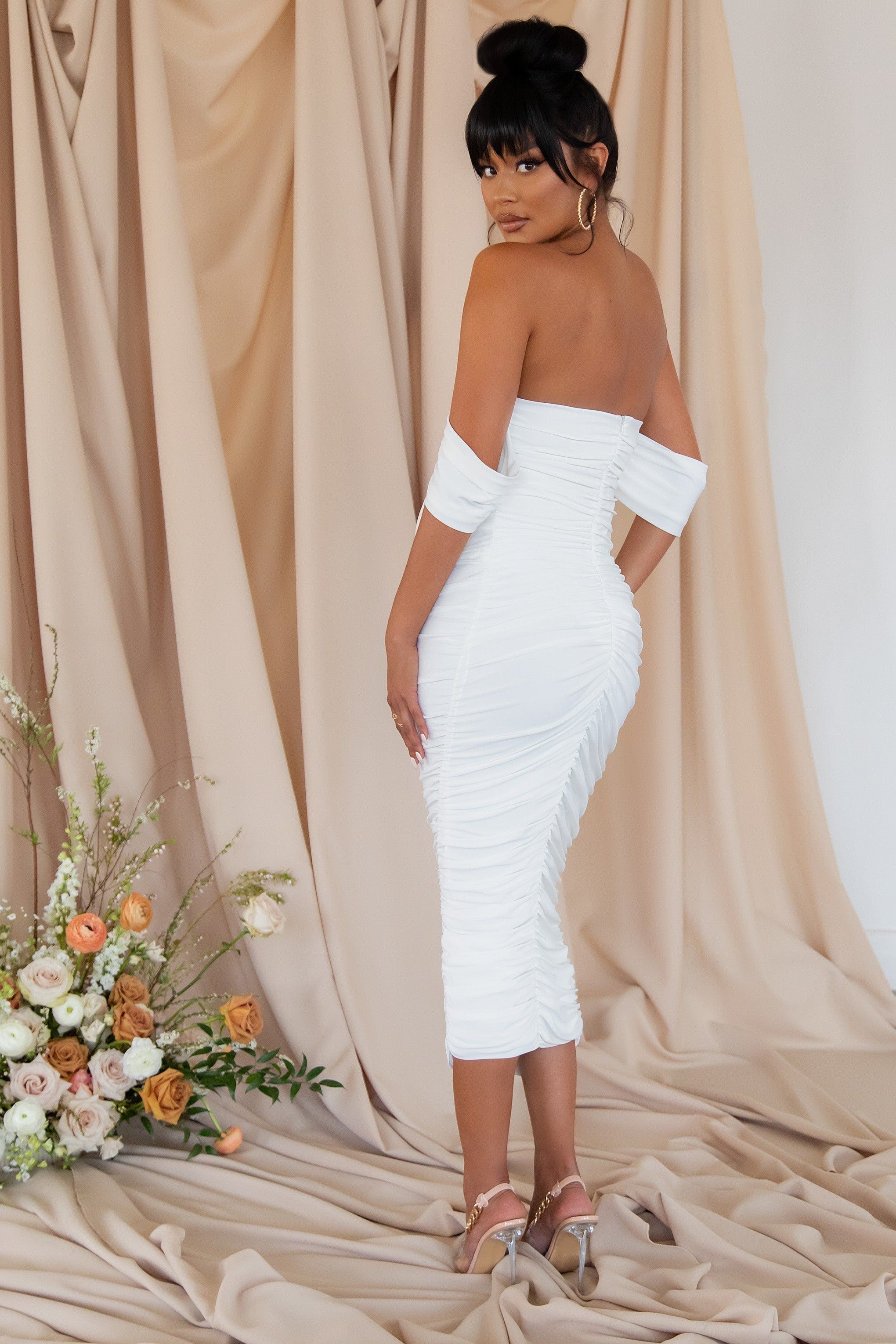 Plus One | White Maternity Bardot Ruched Draped Midi Dress sold by Club L London product image thumbnail 2