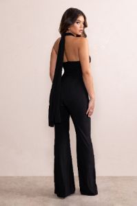 Pure Confidence | Black Crossover Halter Neck Front Cut Out Wide Leg Jumpsuit sold by Club L London
