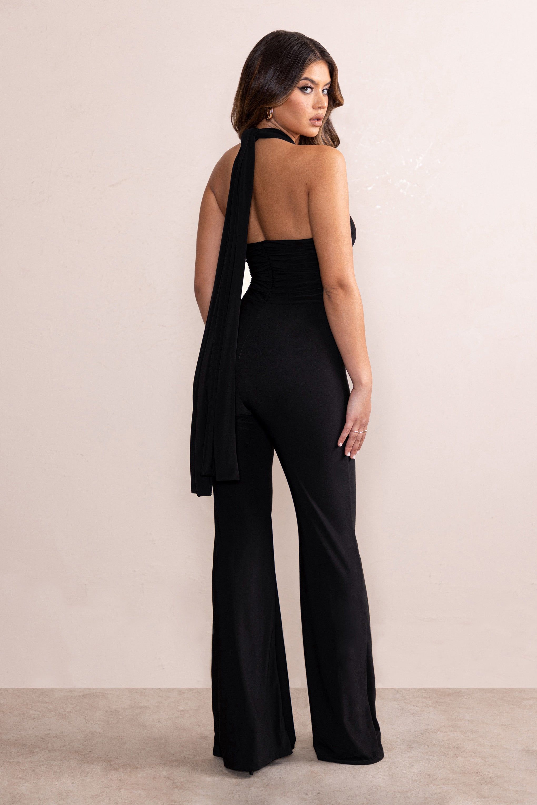 Pure Confidence | Black Crossover Halter Neck Front Cut Out Wide Leg Jumpsuit sold by Club L London product image thumbnail 2