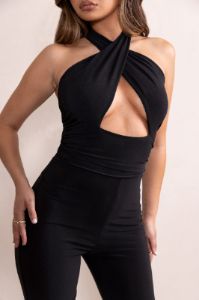 Pure Confidence | Black Crossover Halter Neck Front Cut Out Wide Leg Jumpsuit sold by Club L London