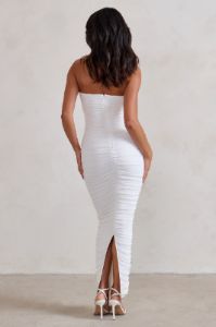 My Lady | White Strapless Bodycon Ruched Mesh Maxi Dress sold by Club L London