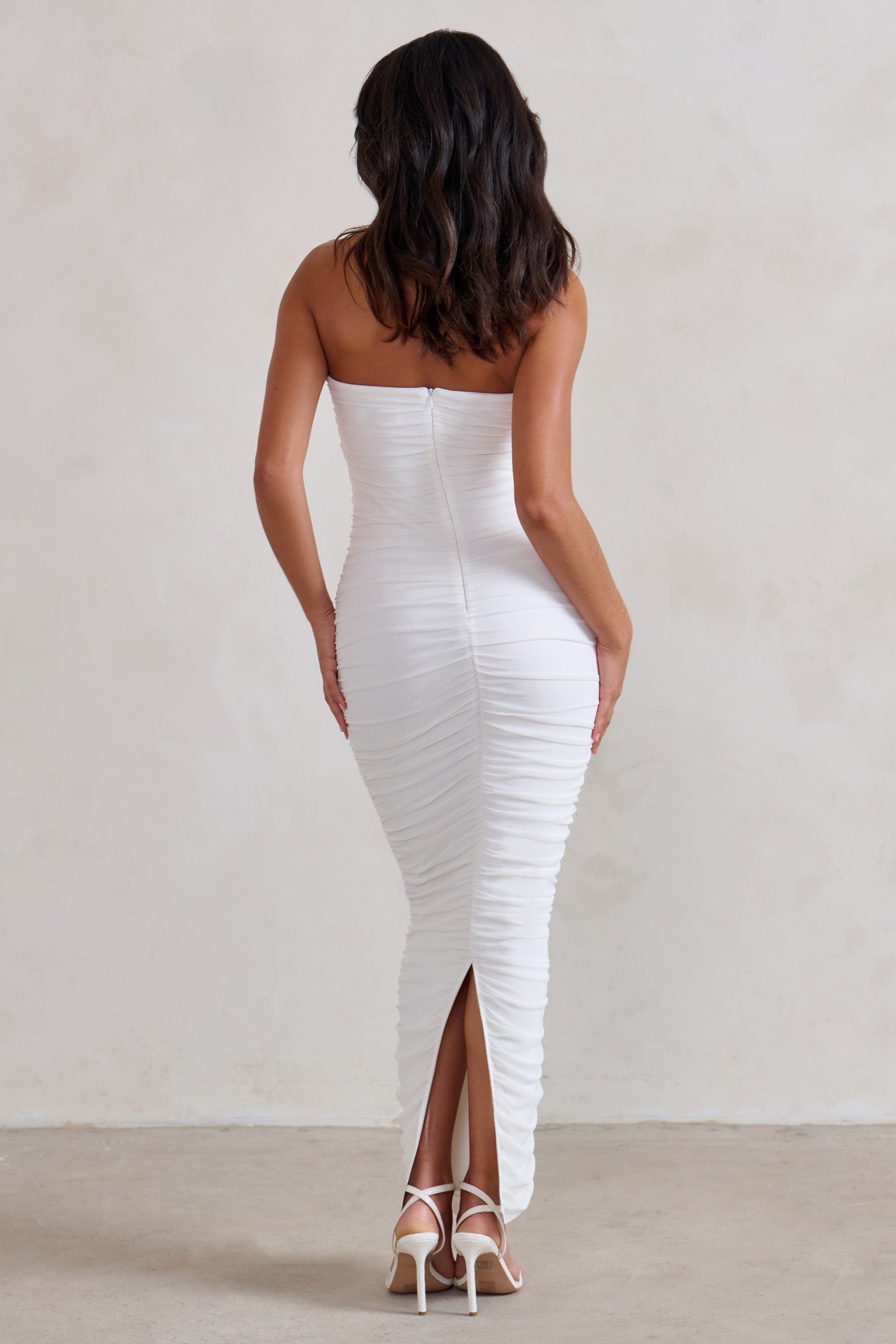 My Lady | White Strapless Bodycon Ruched Mesh Maxi Dress sold by Club L London product image thumbnail 2