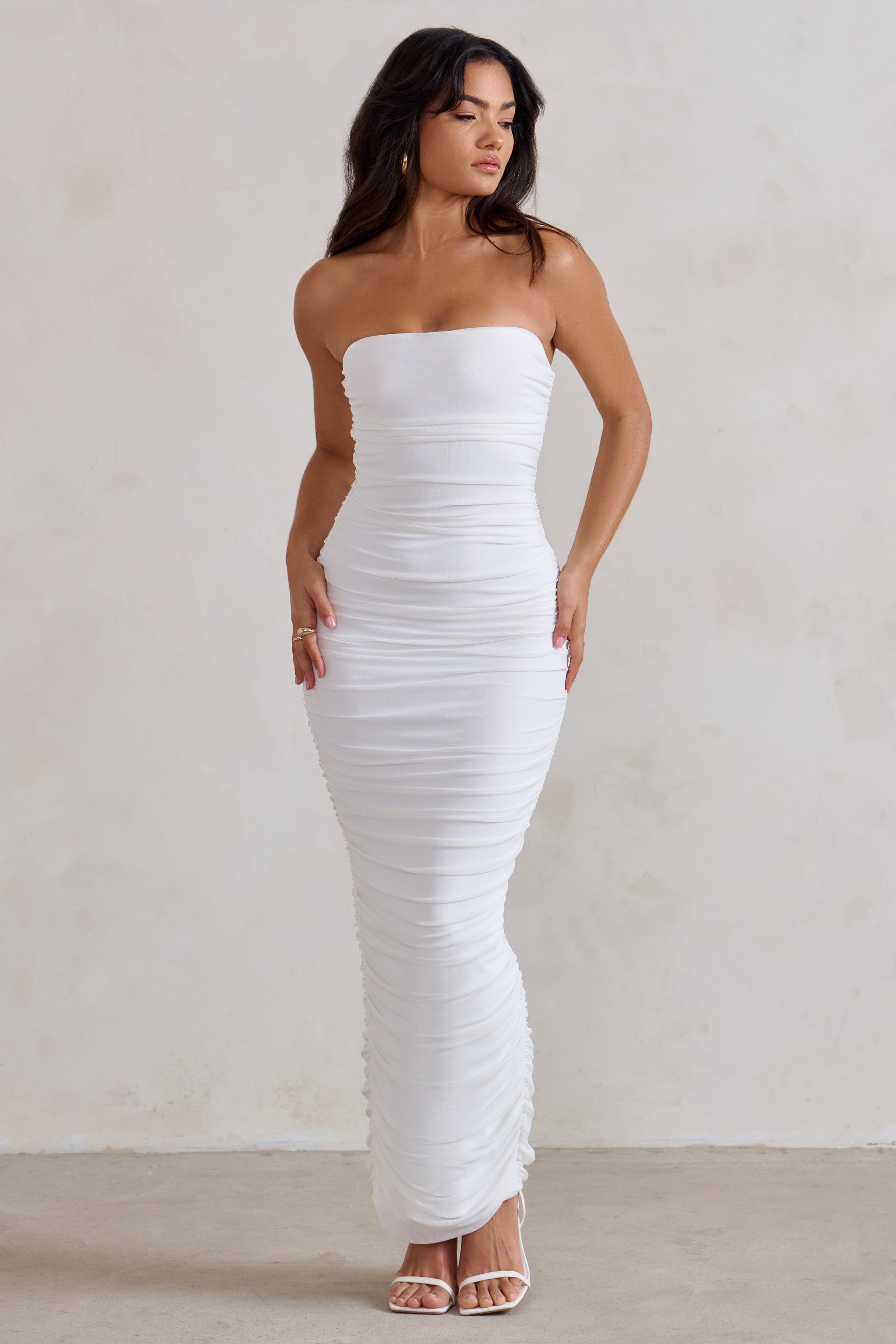 My Lady | White Strapless Bodycon Ruched Mesh Maxi Dress sold by Club L London