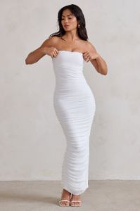 My Lady | White Strapless Bodycon Ruched Mesh Maxi Dress sold by Club L London
