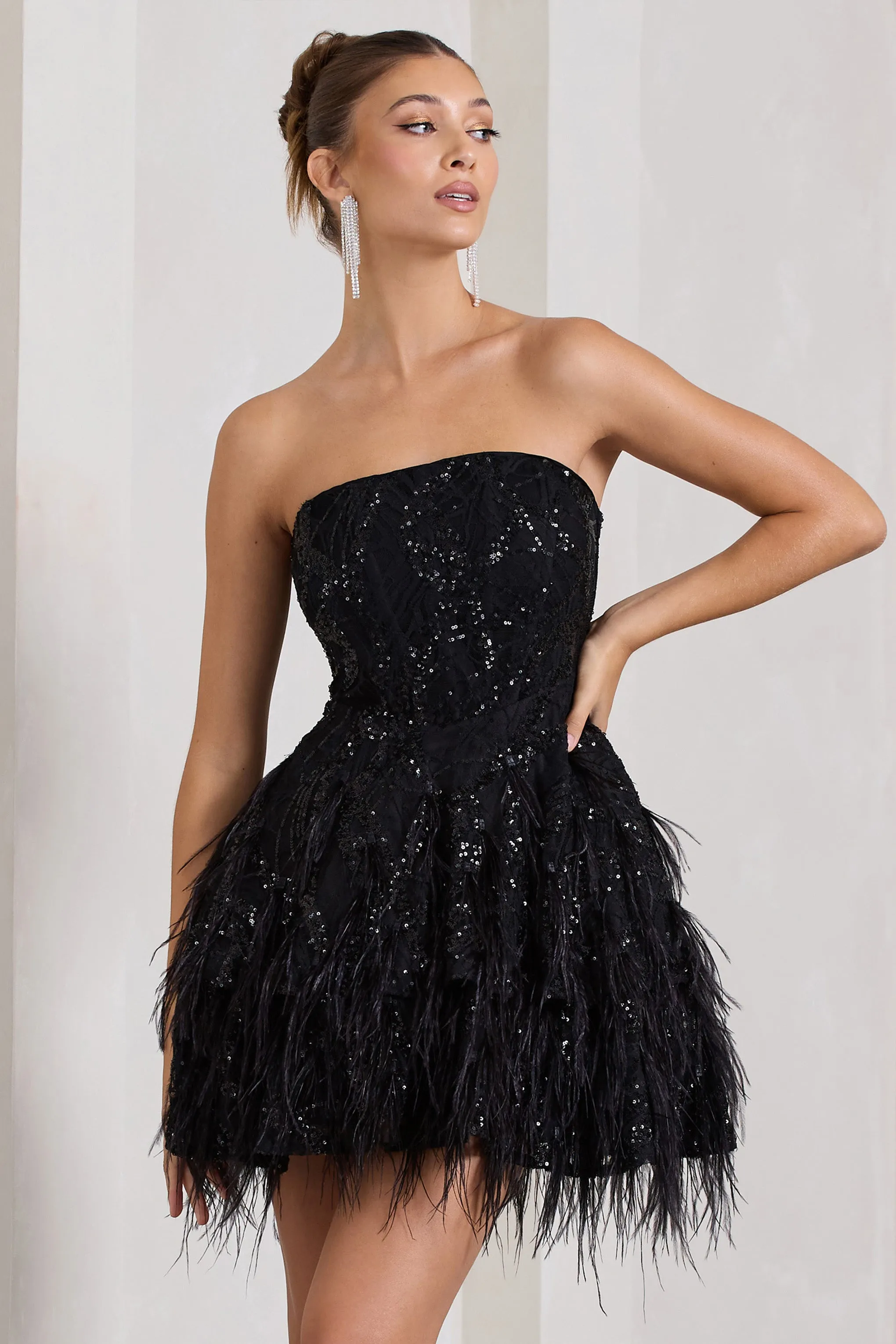 Little Wish | Black Sequin Lace Strapless Mini Dress With Feathers sold by Club L London