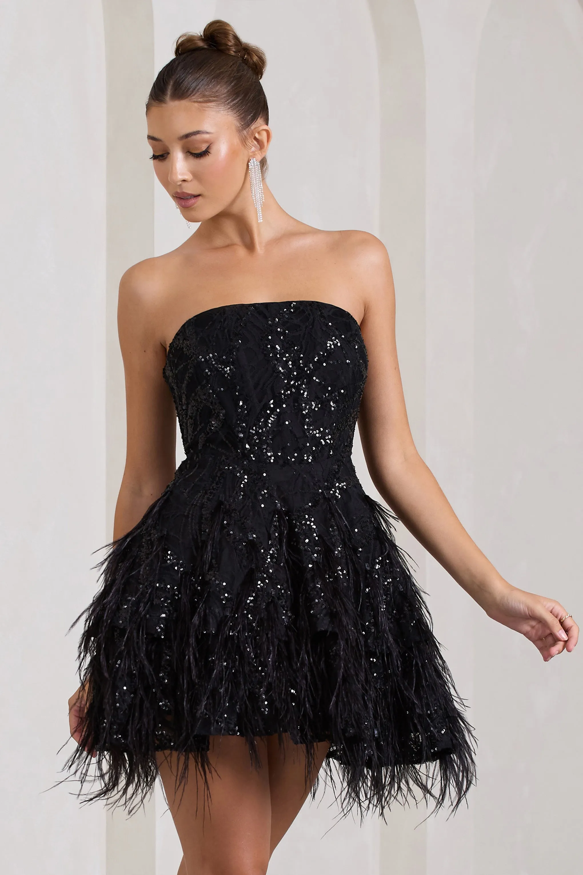 Little Wish | Black Sequin Lace Strapless Mini Dress With Feathers sold by Club L London product image thumbnail 4