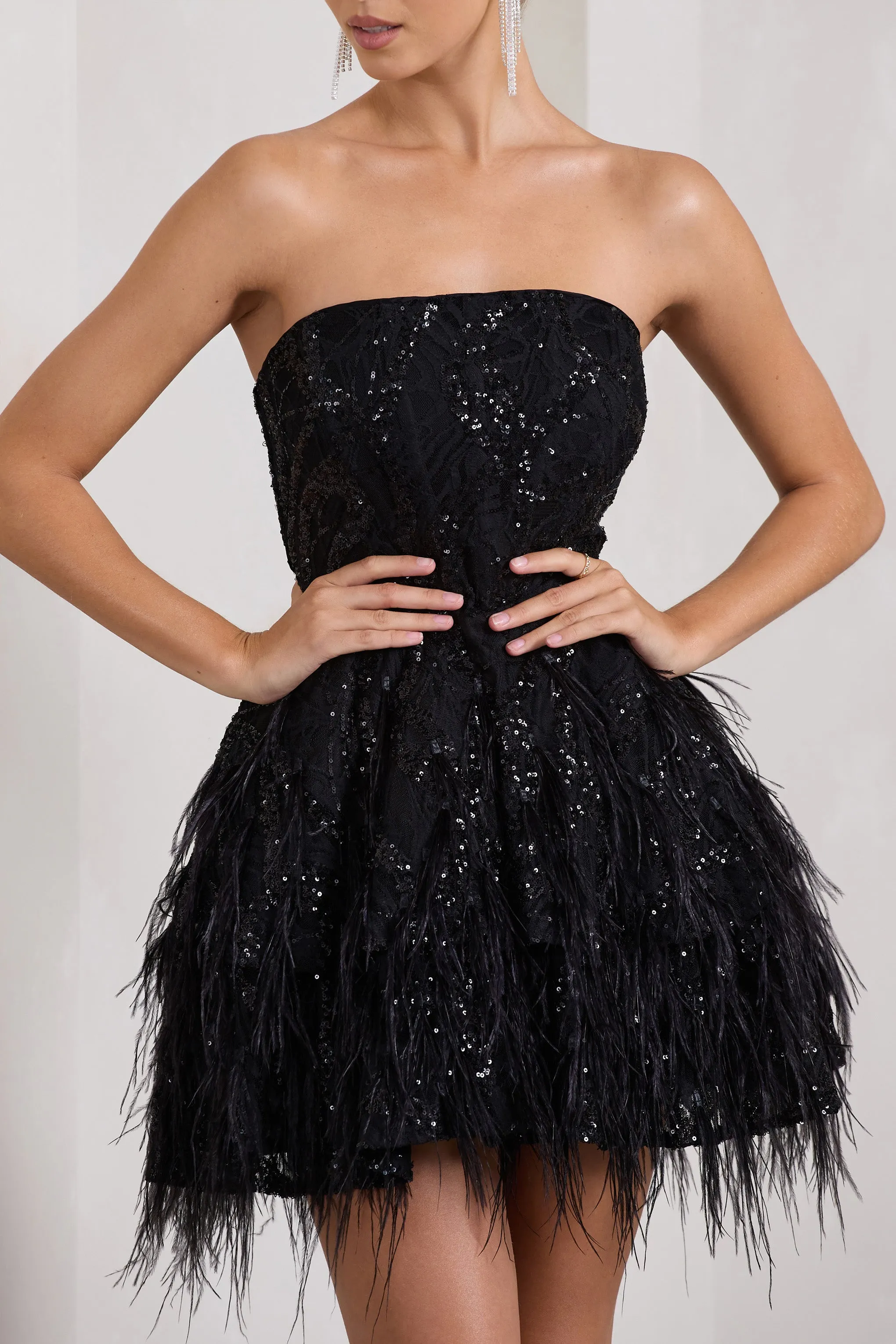 Little Wish | Black Sequin Lace Strapless Mini Dress With Feathers sold by Club L London product image thumbnail 3