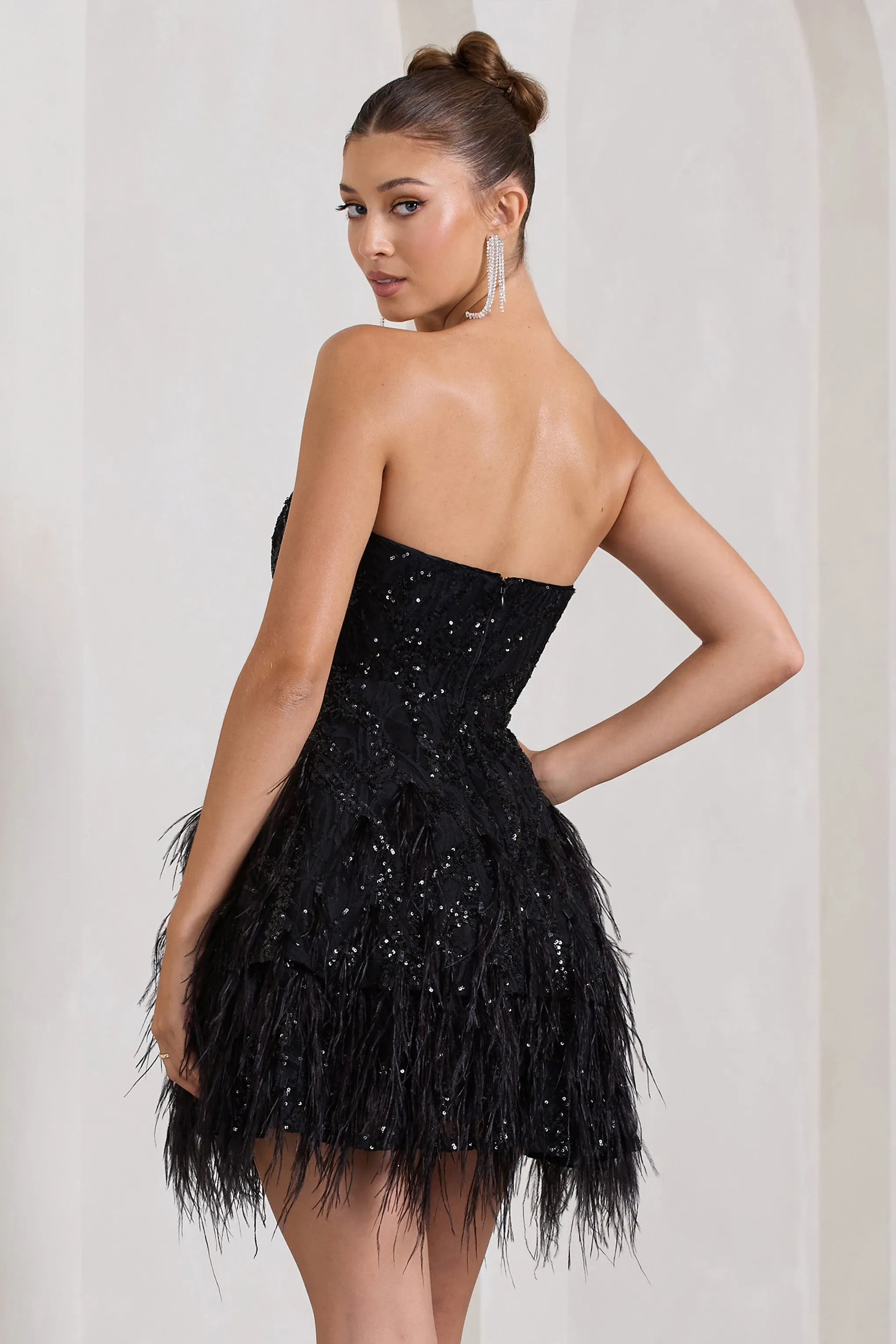 Little Wish | Black Sequin Lace Strapless Mini Dress With Feathers sold by Club L London product image thumbnail 2