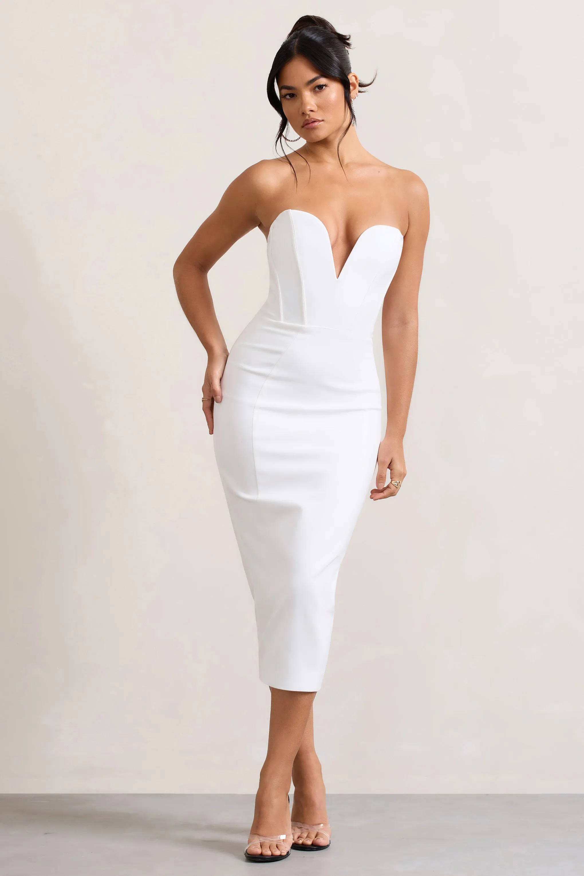Hailey | White Strapless Sweetheart Corset Midi Dress sold by Club L London product image thumbnail 4