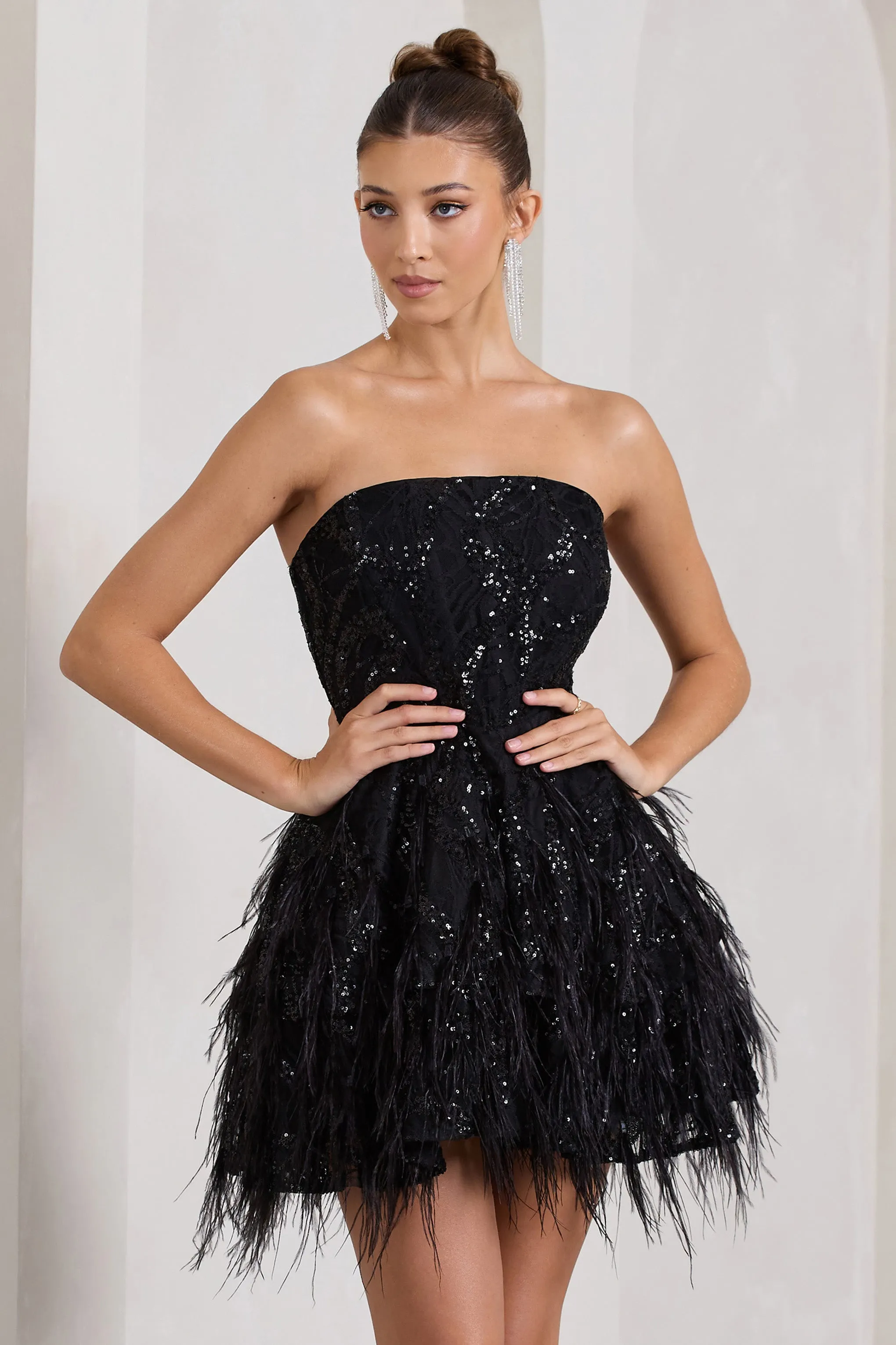 Little Wish | Black Sequin Lace Strapless Mini Dress With Feathers sold by Club L London product image thumbnail 5