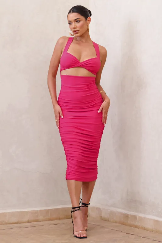 Embody | Hot Pink Cut Out Twist Front Ruched Midi Dress sold by Club L London