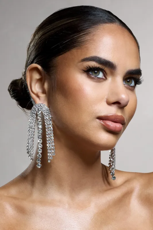 Georgie | Silver Diamante Drop Tassel Earrings sold by Club L London