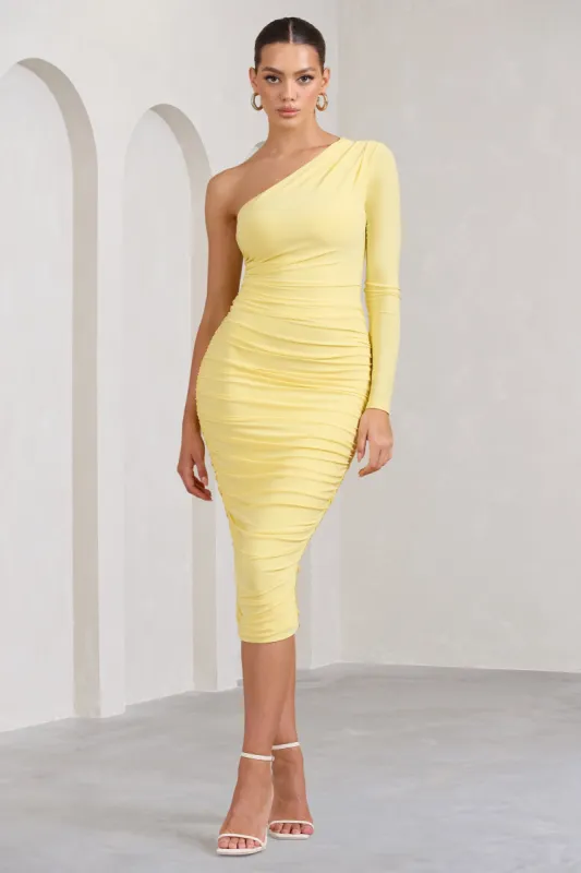 In The Shadows | One Shoulder Midi Dress Lemon With Ruching sold by Club L London