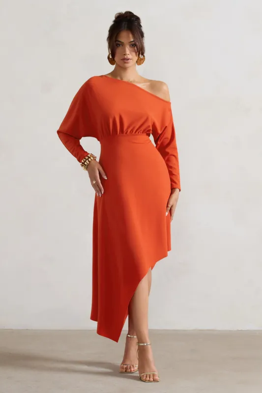 Lori | Orange Asymmetric Long-Sleeve Maxi Dress sold by Club L London