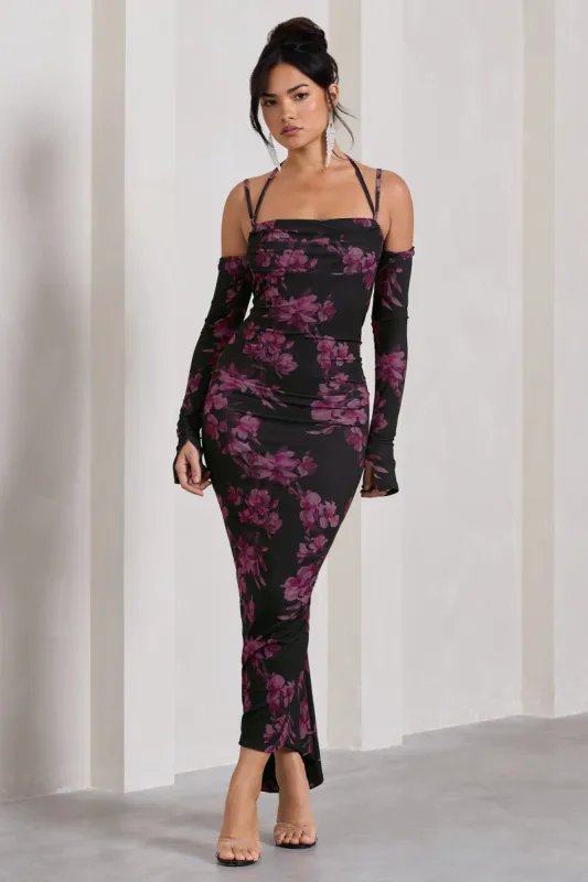 Jessie | Black Floral Print Strappy Long-Sleeved Bodycon Maxi Dress sold by Club L London